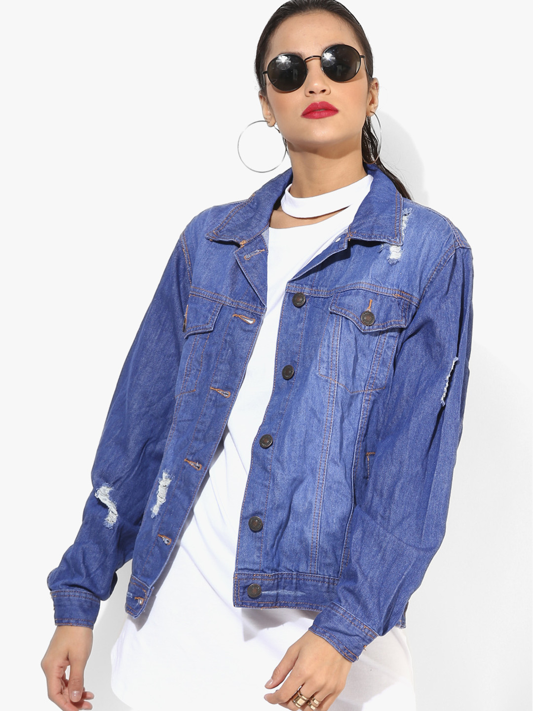 Women Blue Washed Denim Front Button Jacket