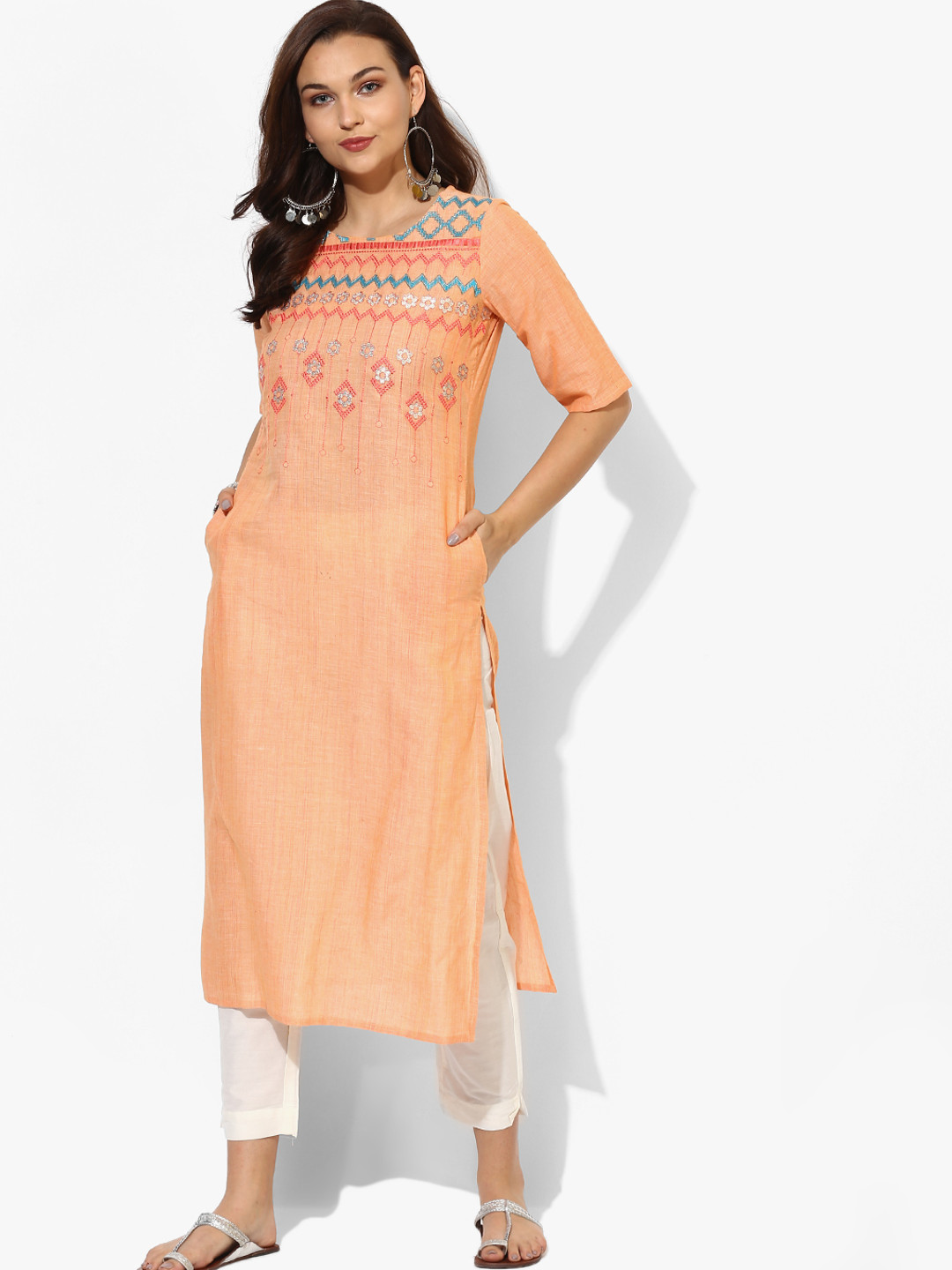 Buy Embroidered Round Neck Straight Fit Kurta With Elbow Length Sleeves