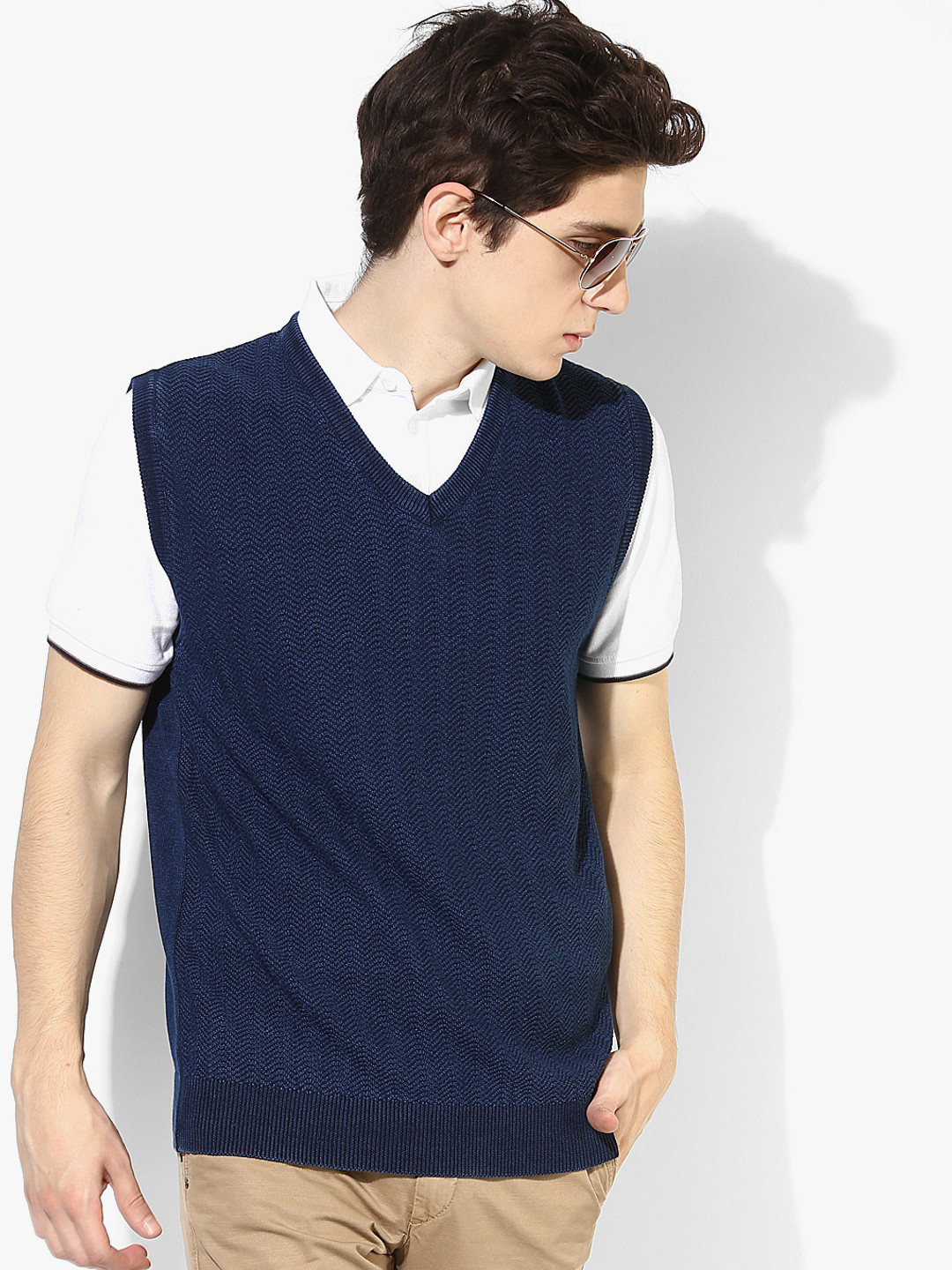 Buy Navy Blue Textured Slim Fit V Neck Sweater Sweaters for Men