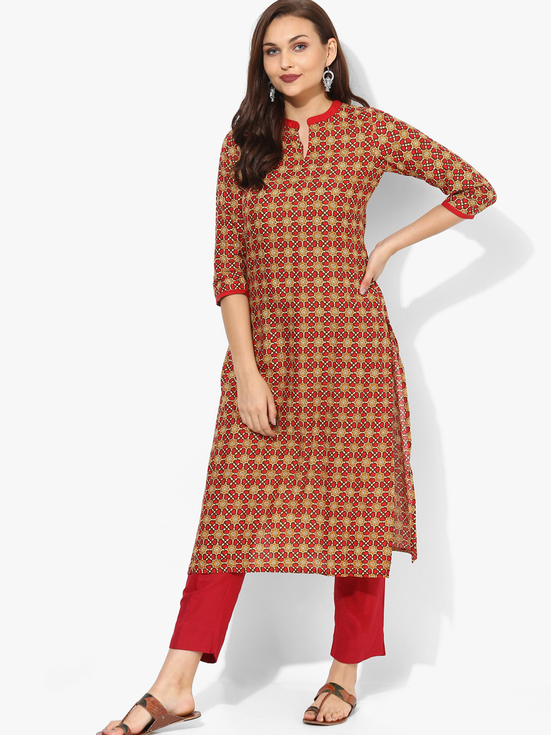 Women's Beige Band Collar Straight Kurta main image 0