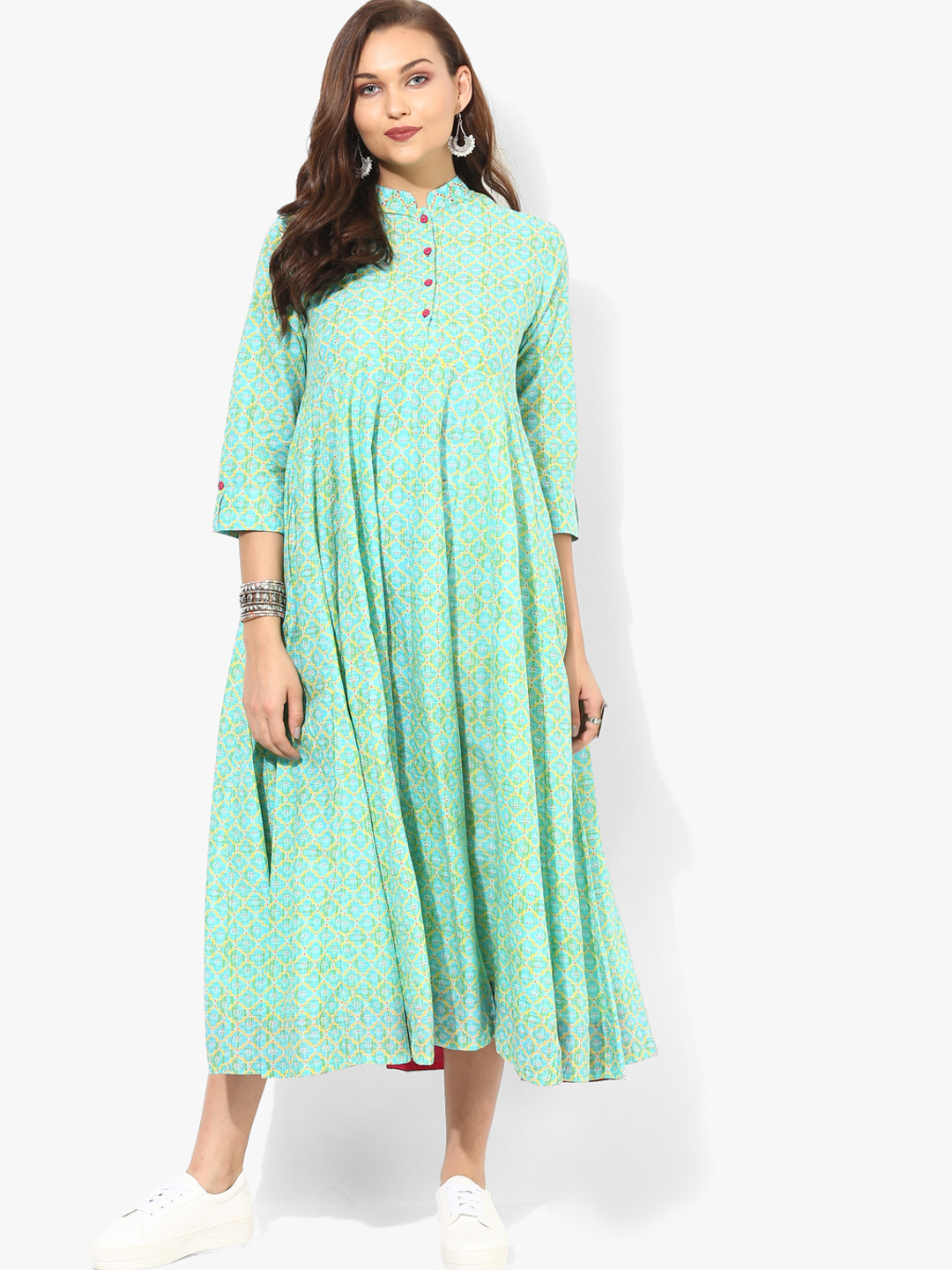 Buy Printed Band Collar Anarkali With Button Plcaket Deatil And 3/4Th