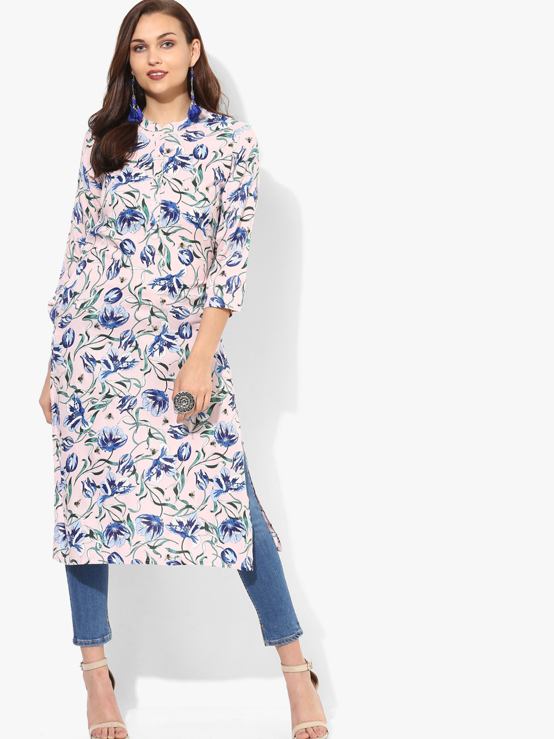 Buy Blue Florals On Pink Printed Band Collar Kurta With 3/4th Sleeves Kurtas for Women 7243735