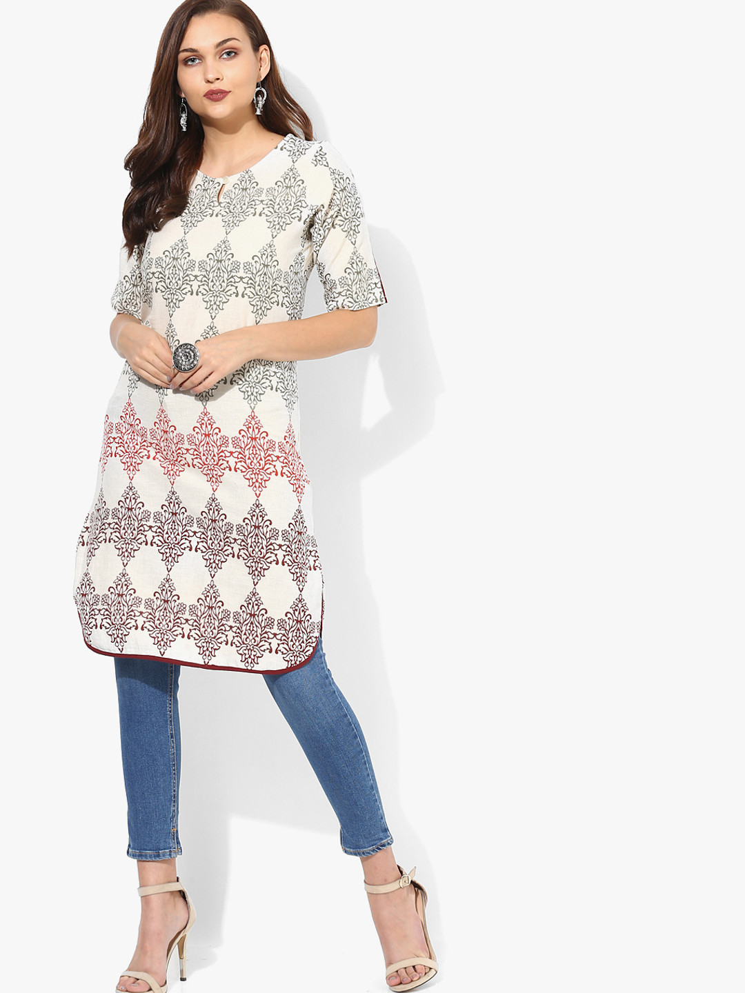 Buy Printed Pure Cotton Round Neck Shaped Hem Kurta With Elbow Length