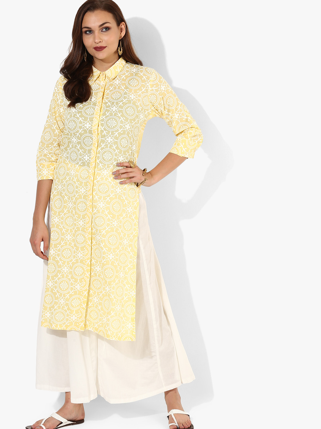 Buy Shirt Collar Khadi Print Kurta With Solid Plazoo Kurta Sets for