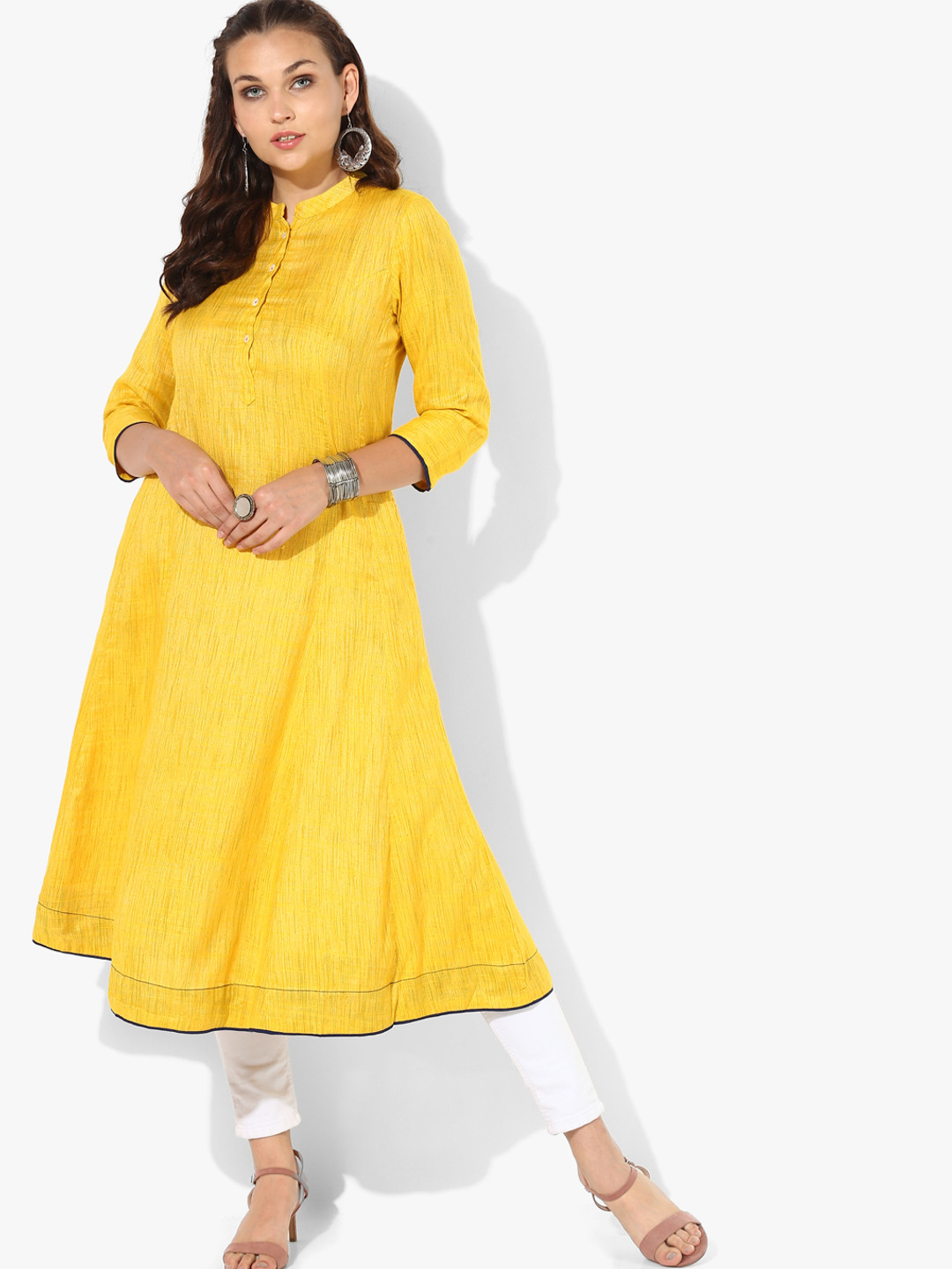 Buy Mustard Textured Mandarin Collar High Low Flared Kurta With Full
