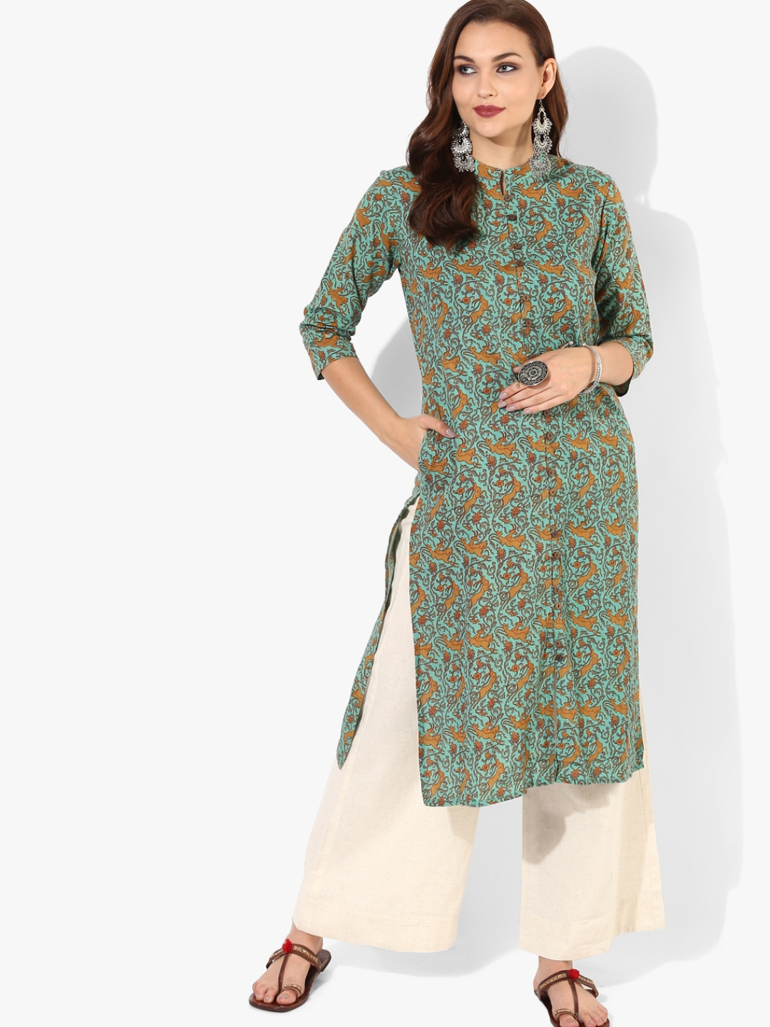 Buy Printed Band Collar Straight Fit Kurta With Long Button Placket And