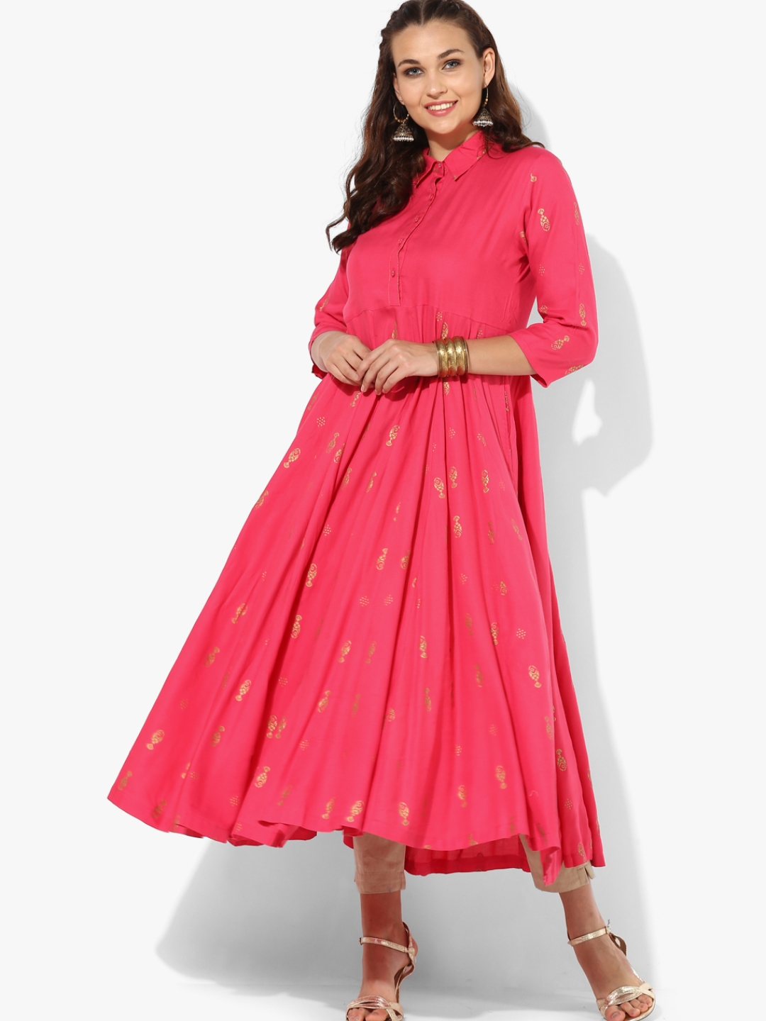 Buy Pink Printed Shirt Collar Anarkali With 3/4Th Sleeves And Button ...