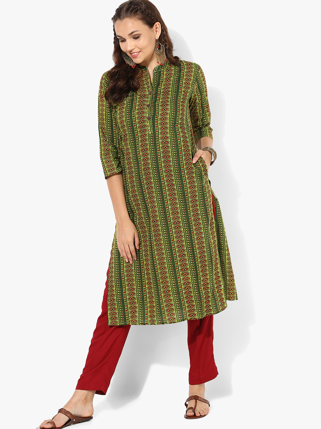 Buy Printed Band Collar Straight Fit Kurta With 3/4th Sleeves Kurtas for Women 7330113 Myntra