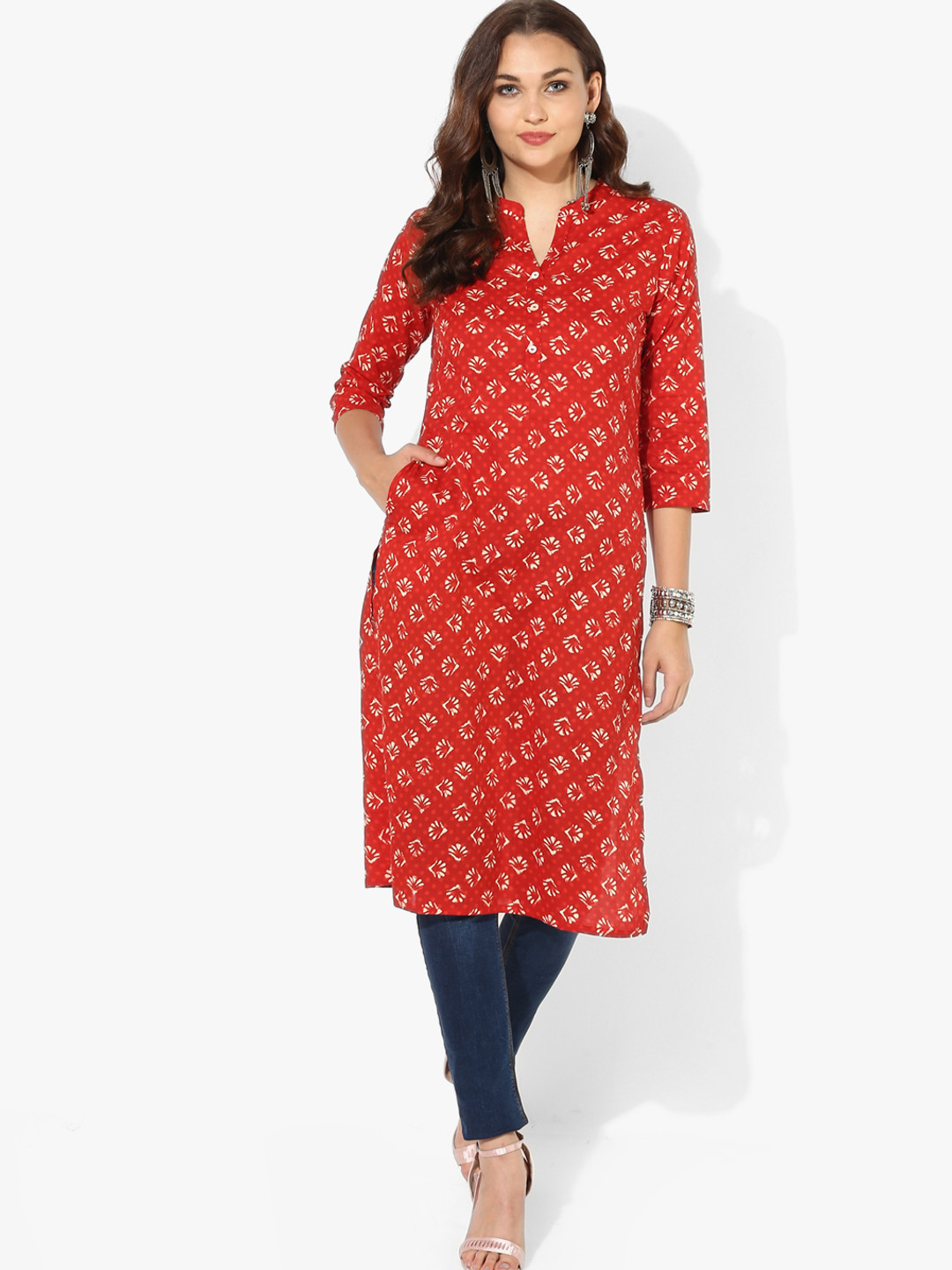 Buy Printed Band Collar Straight Fit Kurta With 3/4th Sleeves Kurtas for Women 7330109 Myntra