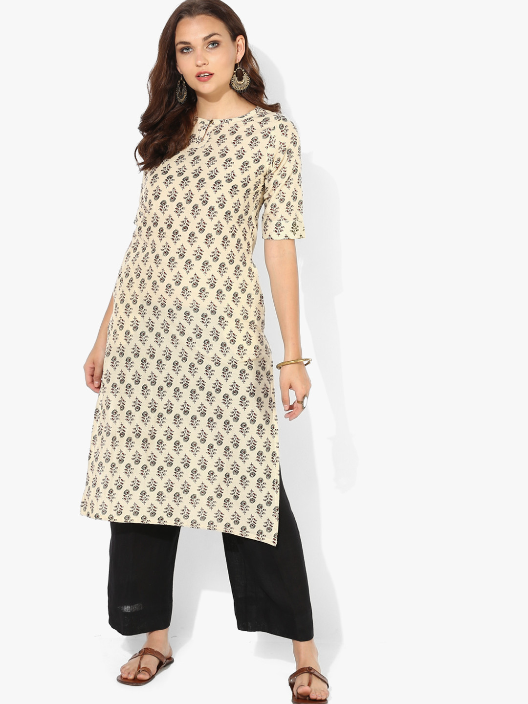 Buy Printed Round Neck Straight Fit Kurta With Elbow Length Sleeves