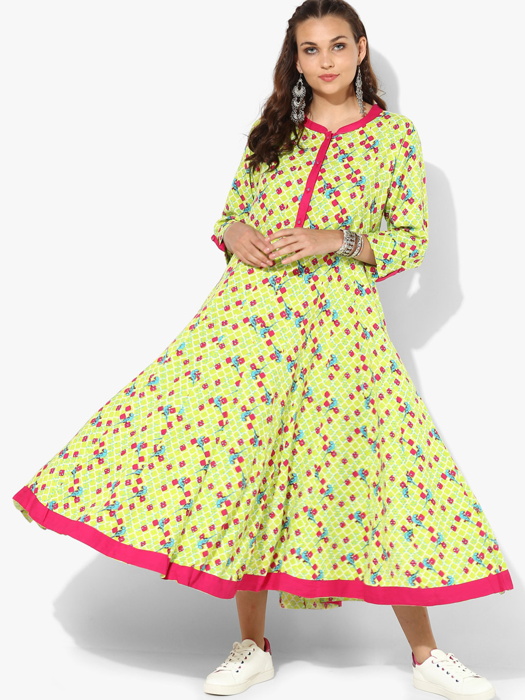 Buy Green Printed Band Collar Anarkali With 3/4Th Sleeves Kurtas for