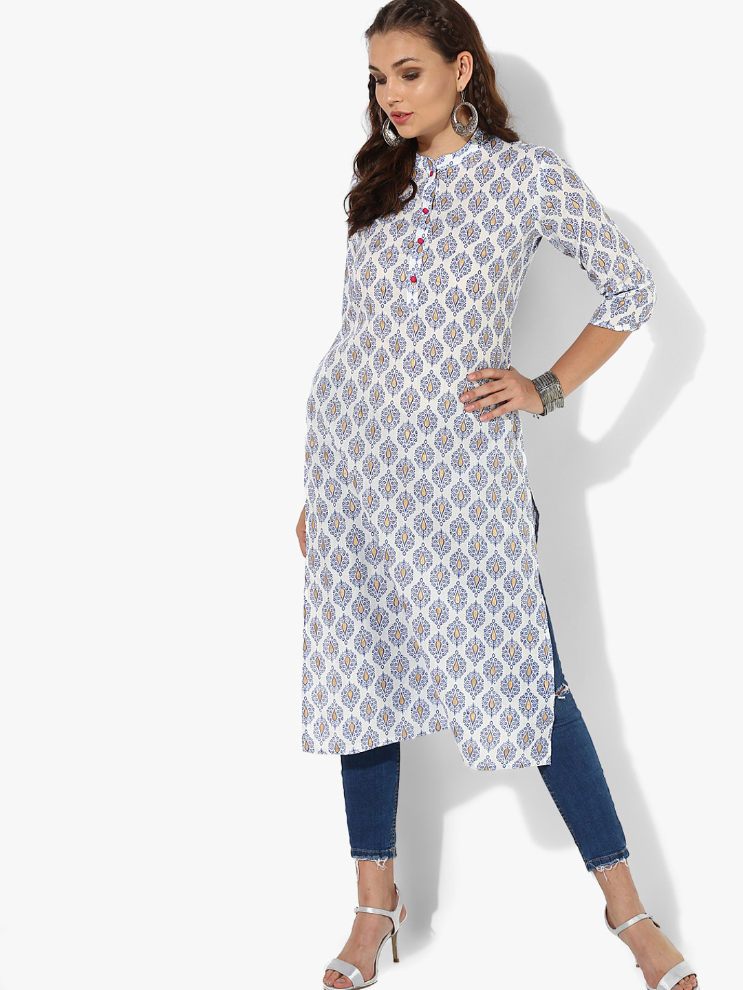 Buy Printed Band Collar Straight Fit Kurta With Elbow Length Sleeves