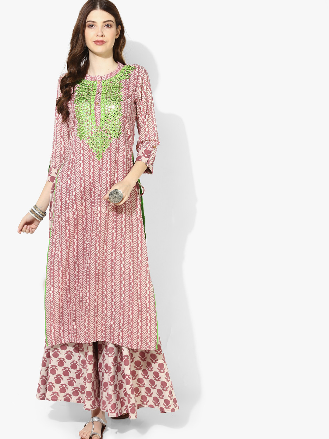 Buy Band Collar Embroidered Textured Kurta Along With Flared Palazzo Kurta Sets for Women