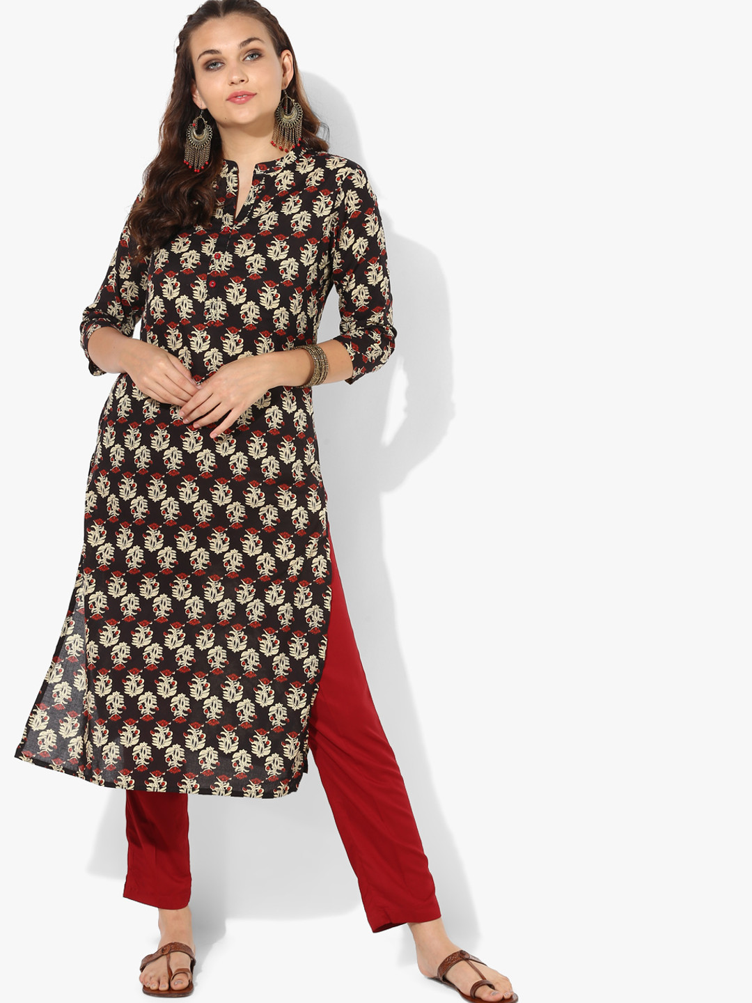 Buy Printed Band Collar Straight Fit Kurta With 3/4th Sleeves Kurtas
