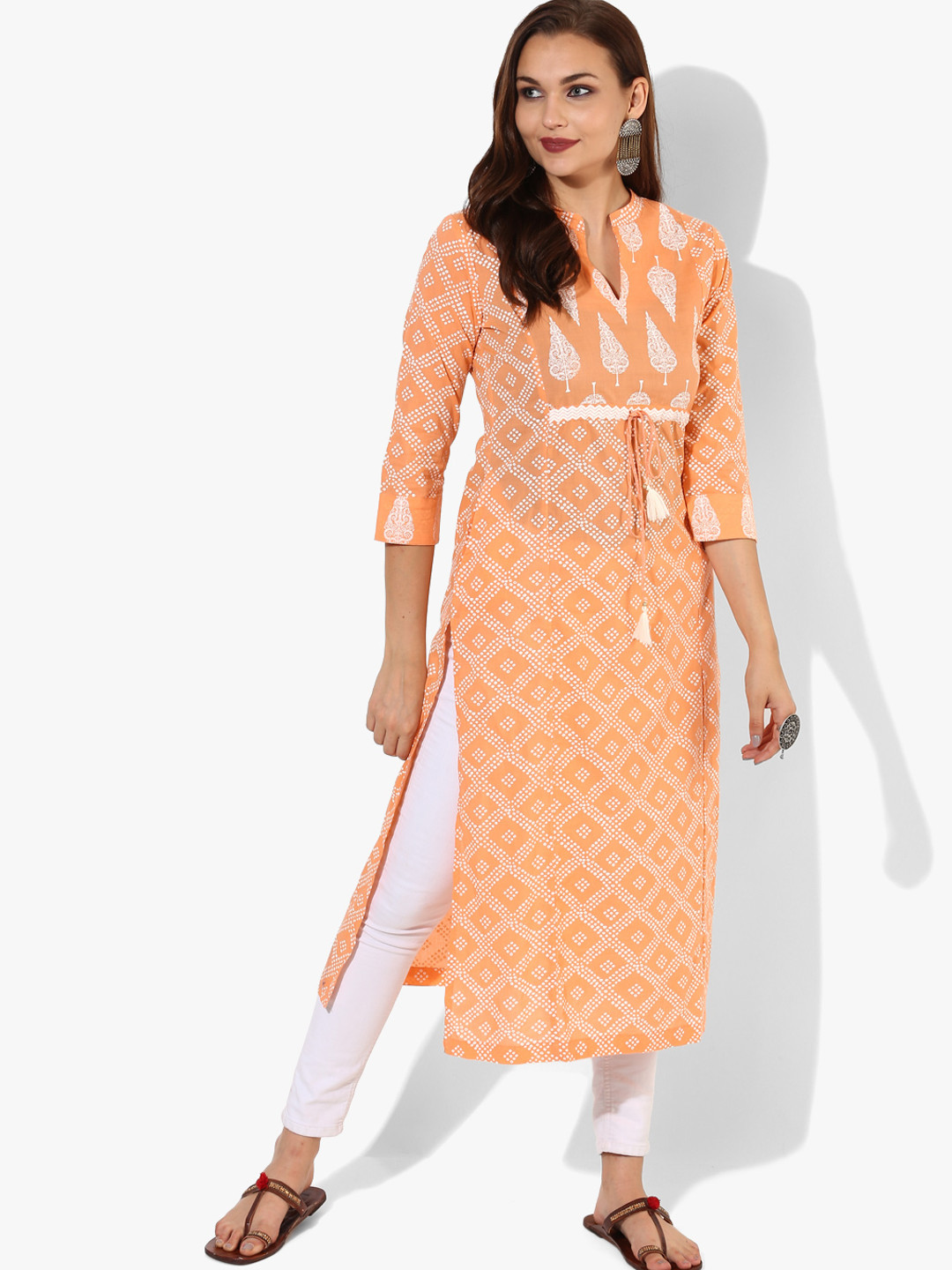 Buy Printed Mandarin Collar Stright Fit Kurta With 3/4th Sleeves