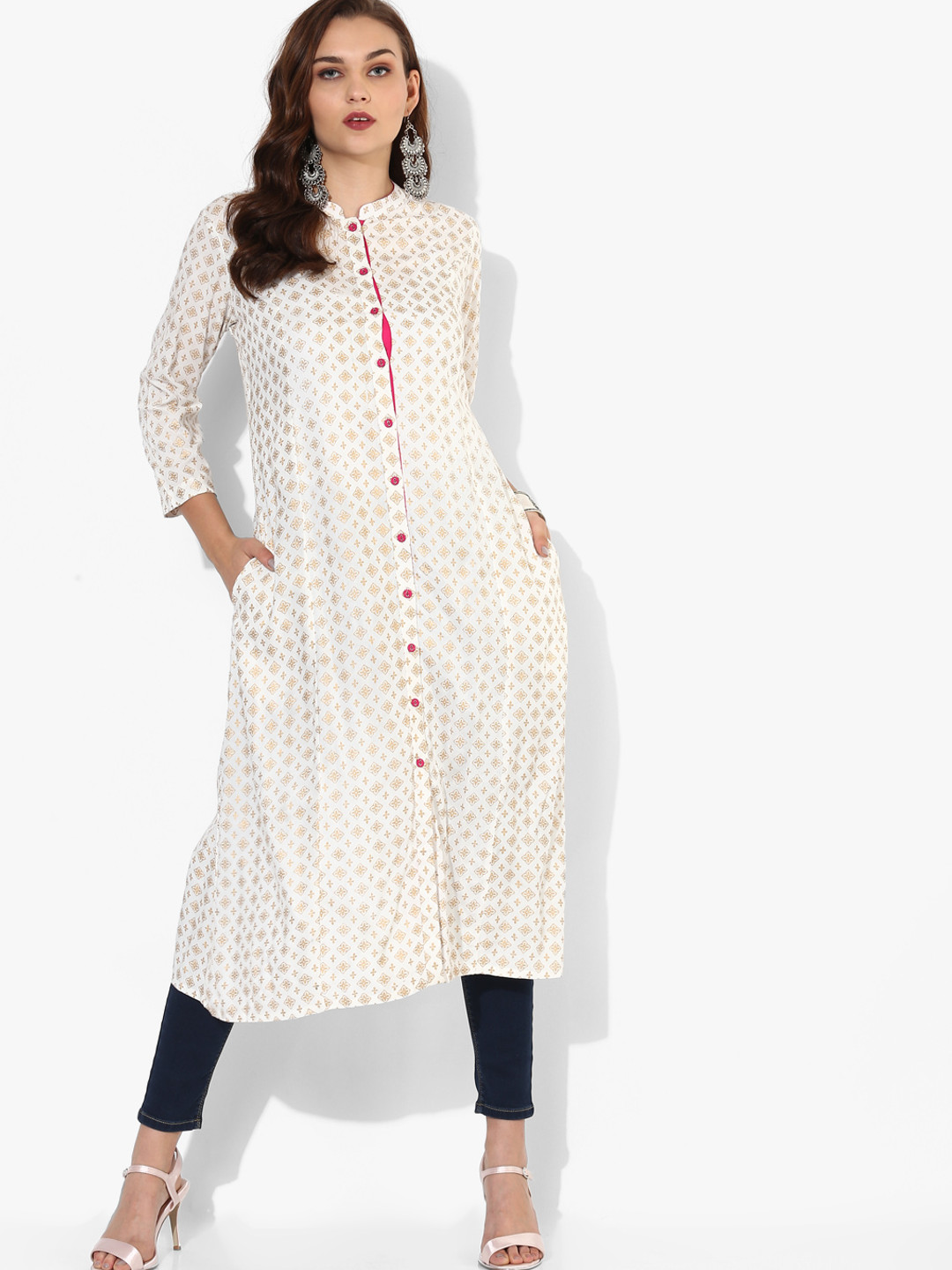 Buy Printed Mandarin Collar Kurta With Full Button Placket And 3/4th