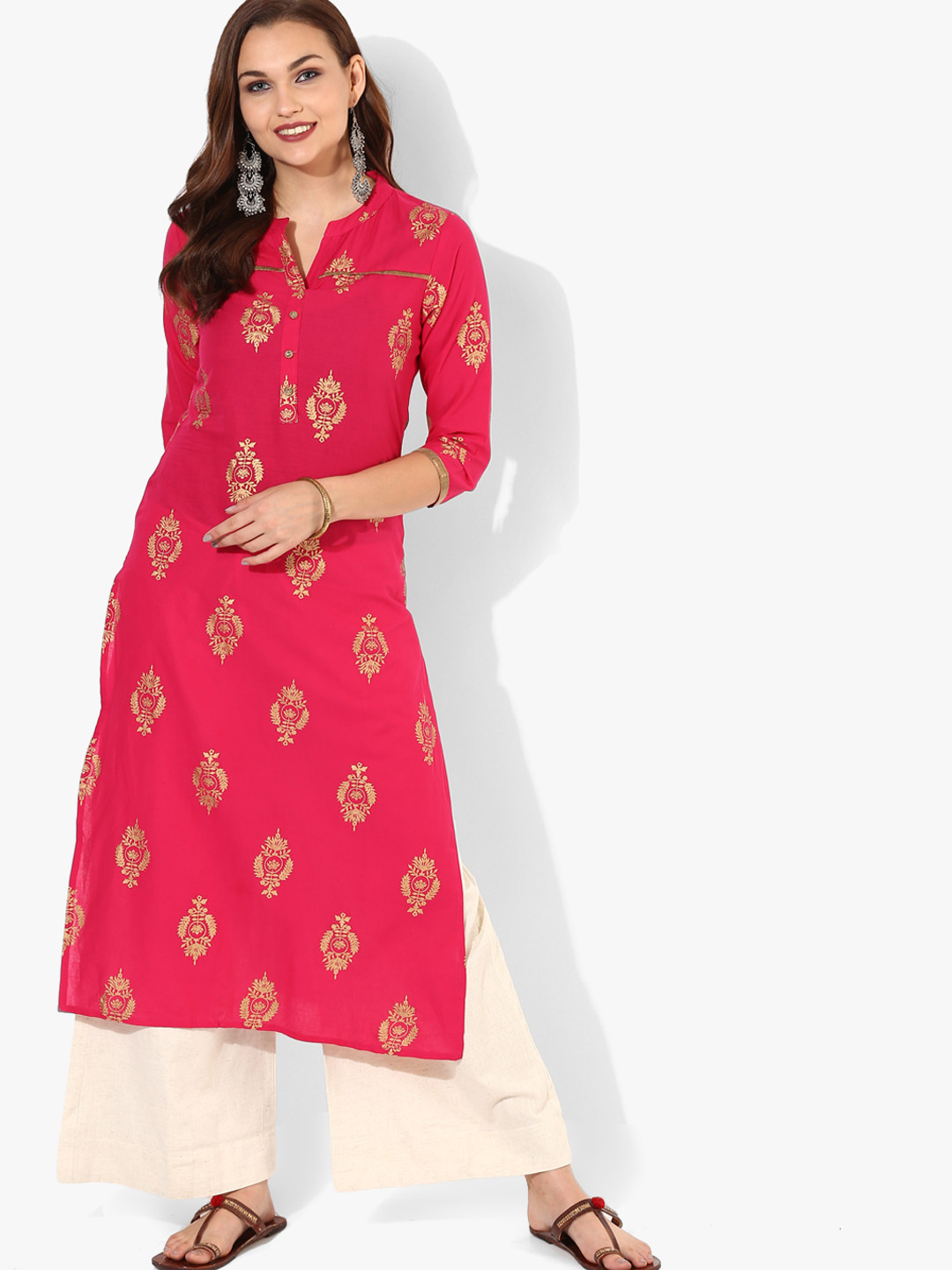 Buy Band Collar 3/4Th Sleeves Printed A Line Kurta Kurtas for Women 7291859 Myntra