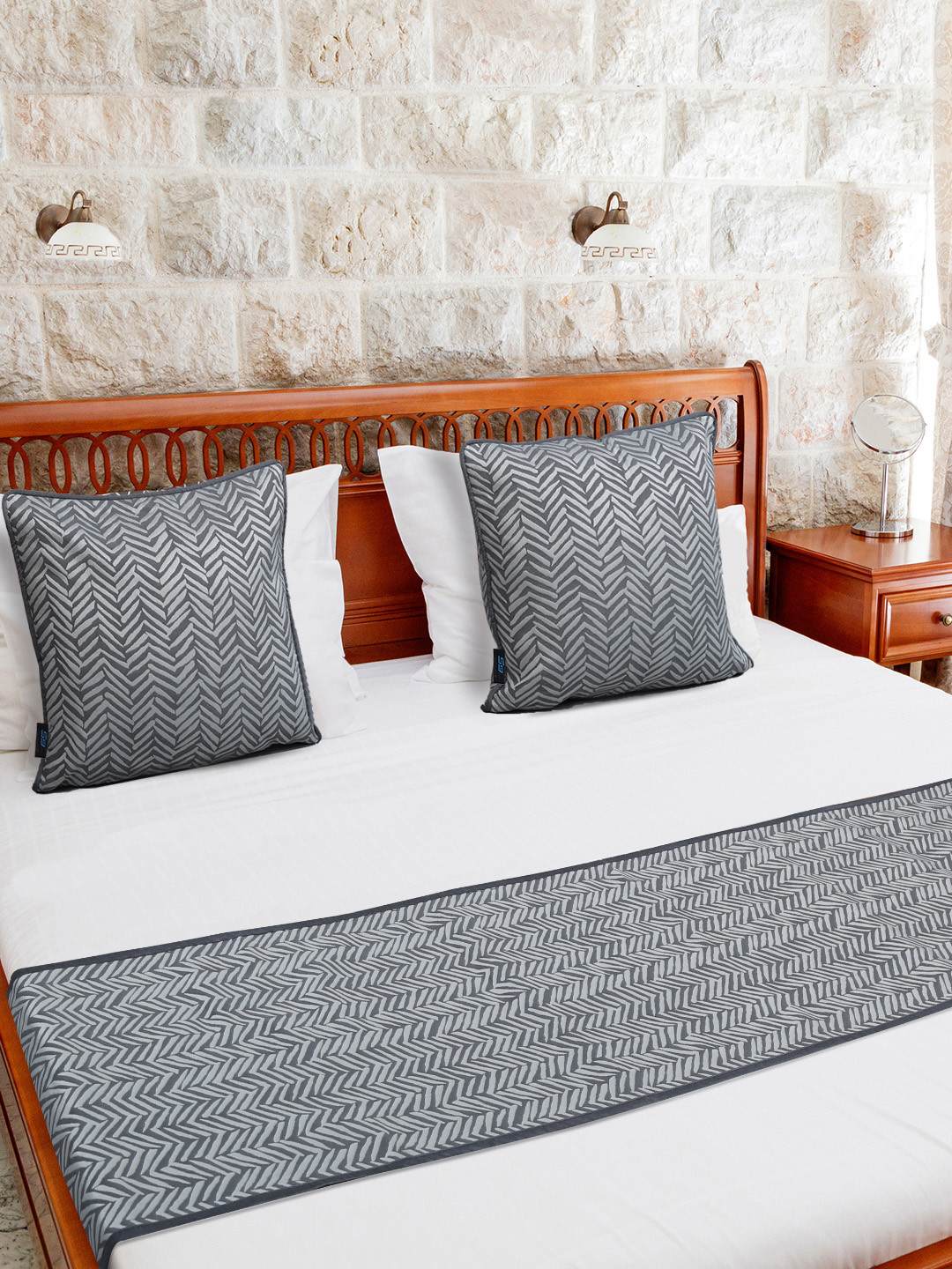 Buy S9home By Seasons Grey & Bed Runner With Cushion Covers Runners