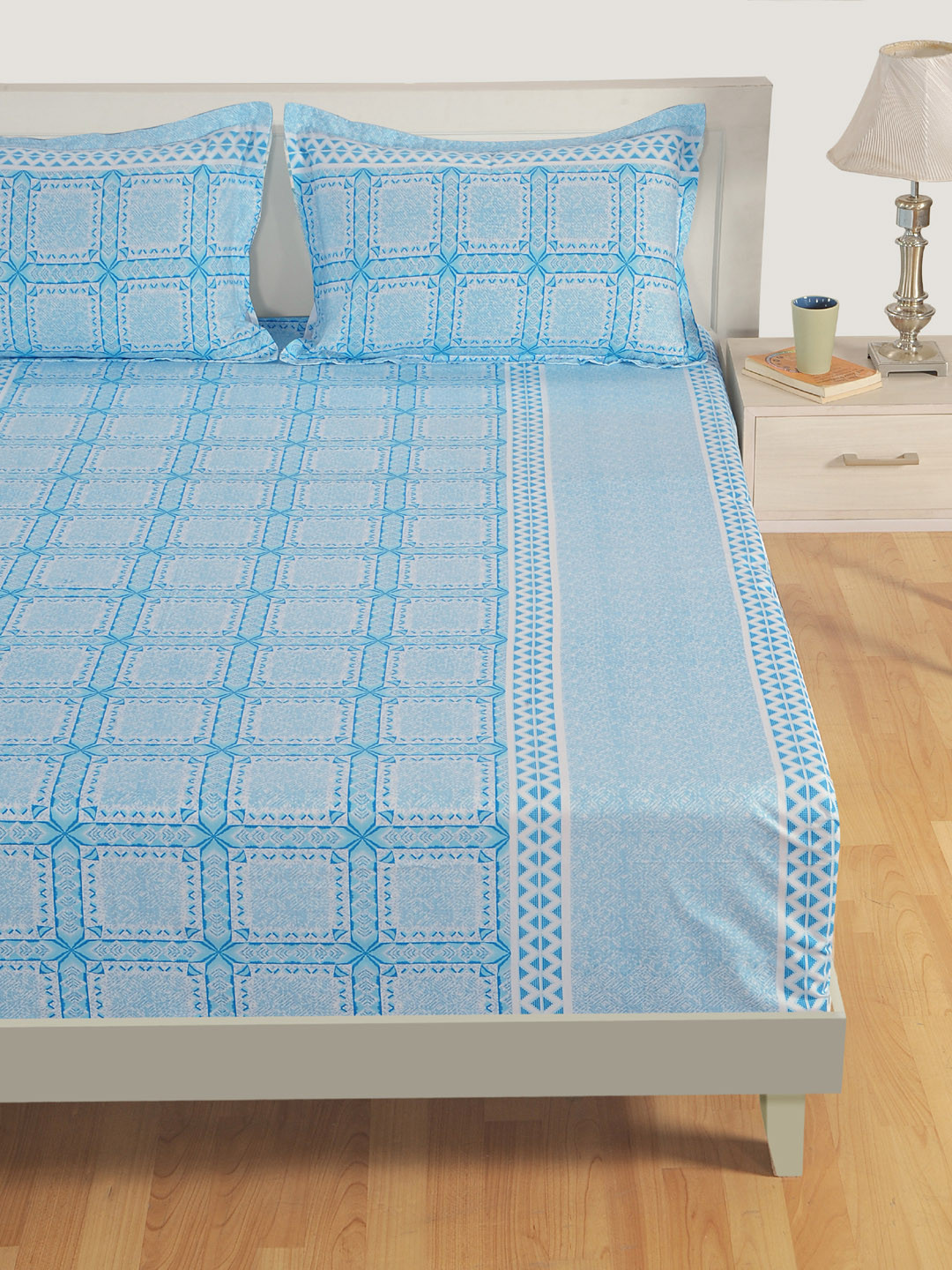 Buy SWAYAM Blue & White Geometric Flat 250 TC Cotton 1 Double Bedsheet