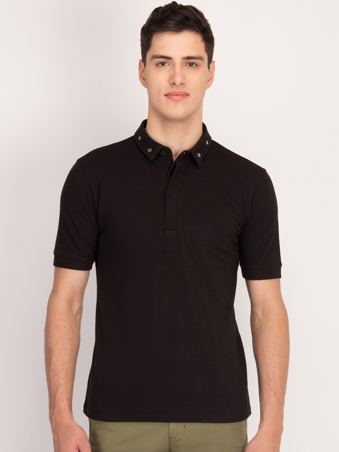 Buy LA LOFT Men Black Solid Polo Collar T Shirt - Tshirts for Men ...