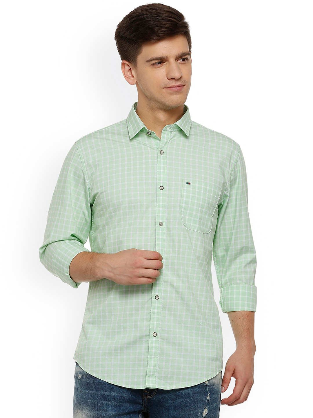 Buy Peter England Casuals Men Green Slim Fit Checked Casual Shirt