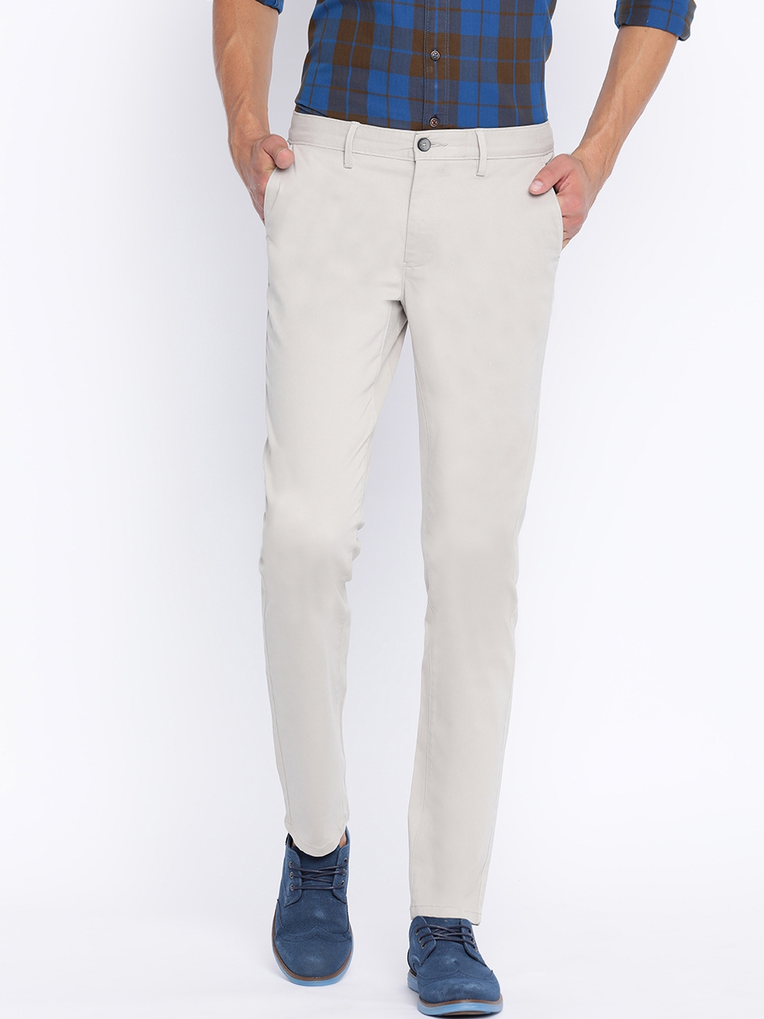 Buy Basics Men Grey Skinny Fit Solid Regular Trousers - Trousers for ...