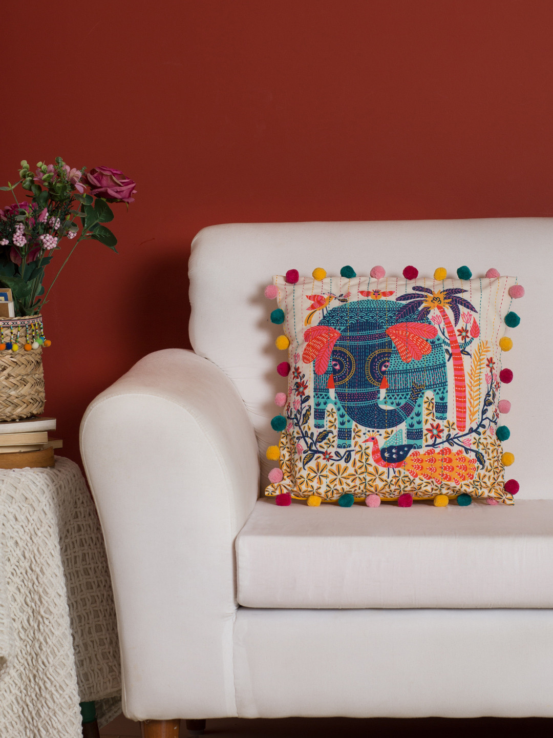 Buy Chumbak Multicoloured Jungle Party Pom Pom Quirky Square Cushion