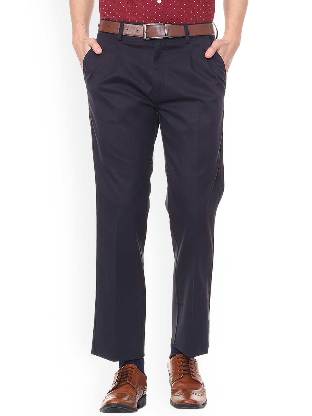 Buy Allen Solly Men Navy Blue Regular Fit Solid Formal Trousers ...