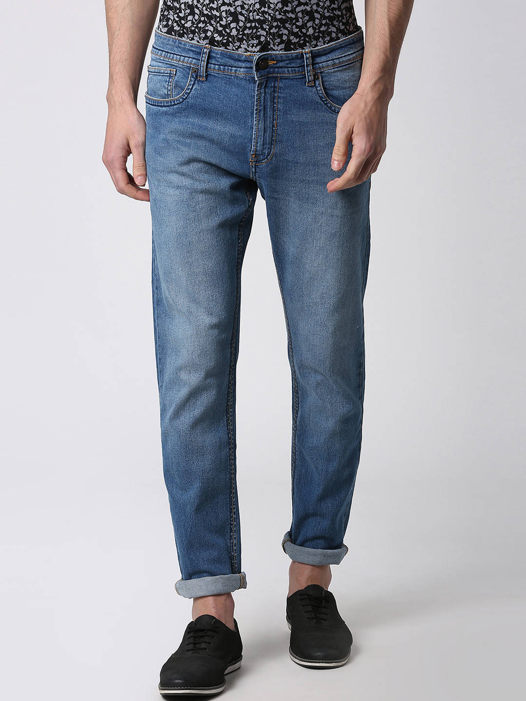 Buy Peter England Casuals Men Blue Tapered Fit Mid Rise Clean Look