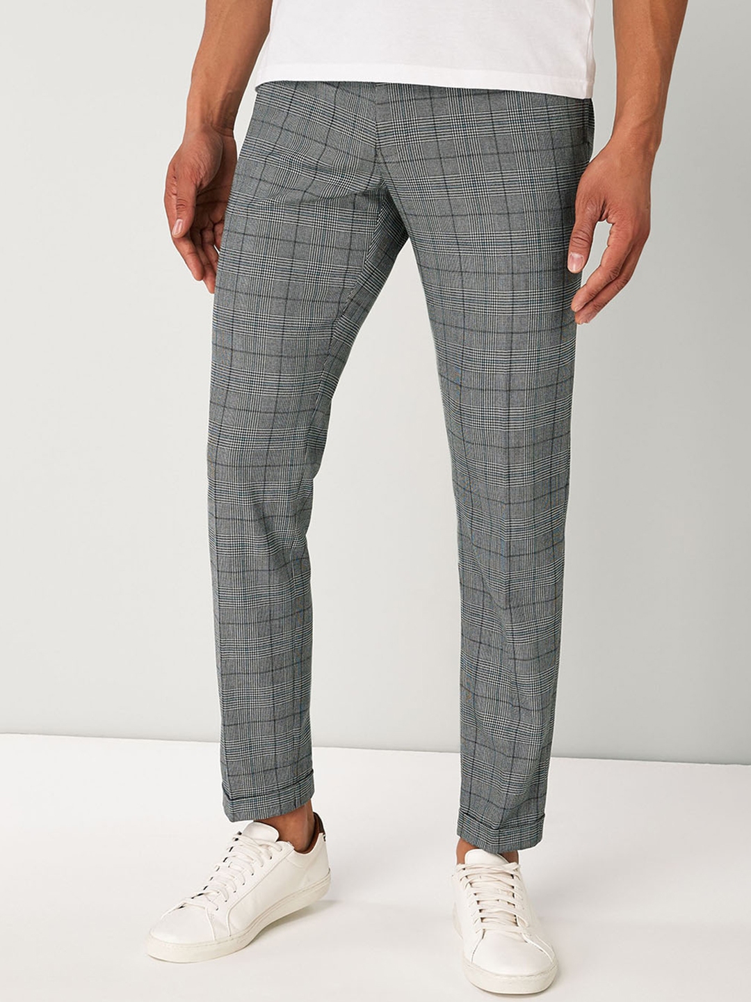 Buy NEXT Men Grey Regular Fit Checked Regular Trousers - Trousers for ...