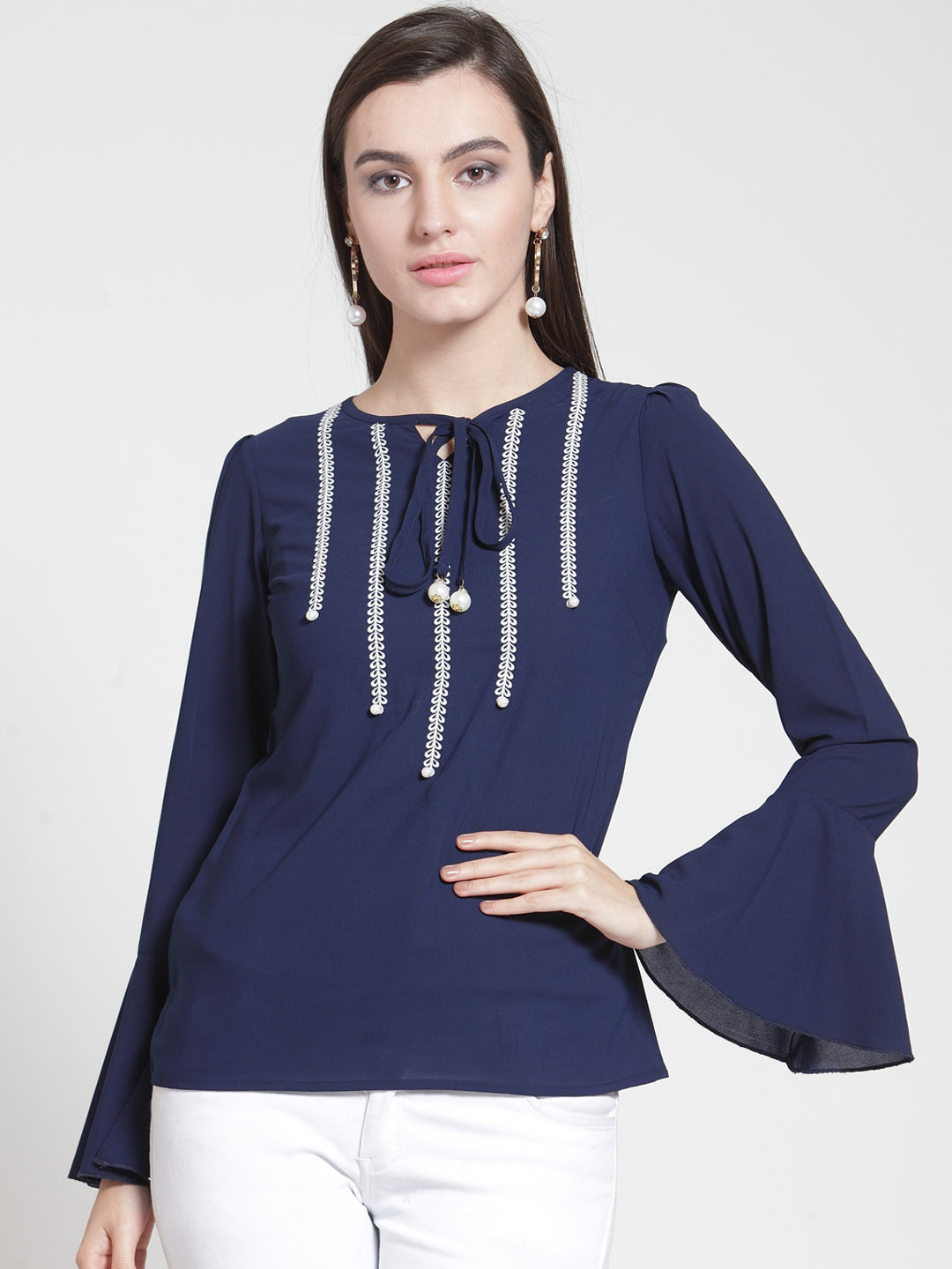 Women's Blue Self Design High Neck Acrylic Top