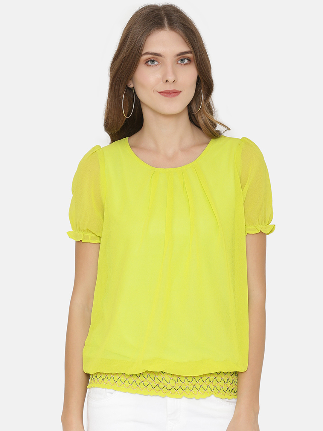 Buy Eyelet Women Lime Green Printed Blouson Top Tops for Women