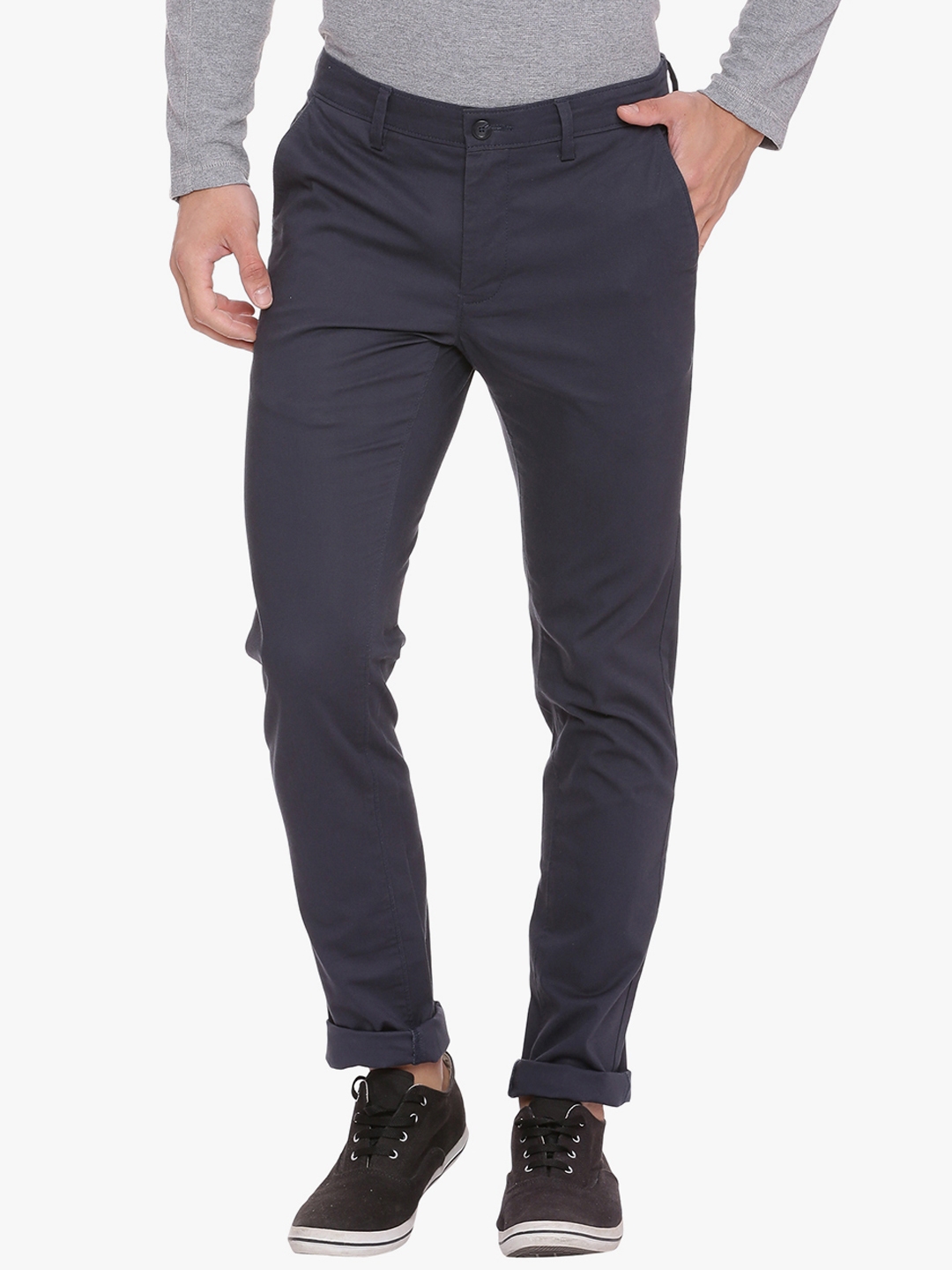 Buy Basics Men Navy Blue Tapered Fit Solid Regular Trousers - Trousers ...