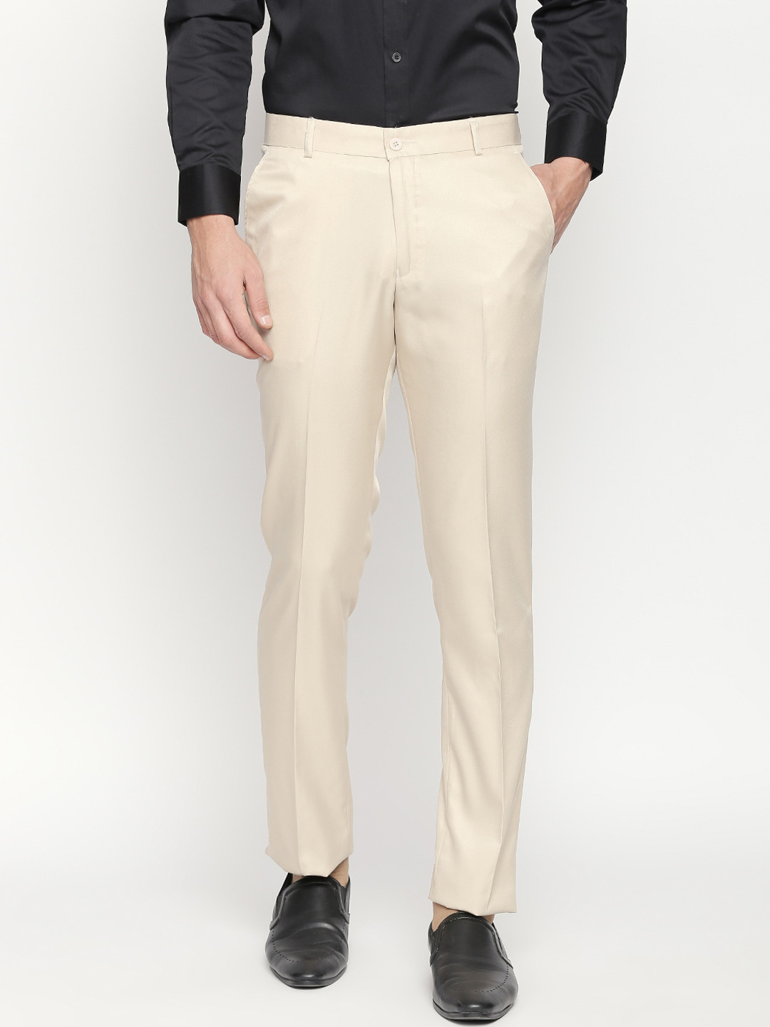 Buy Solemio Men Beige Slim Fit Solid Formal Trousers - Trousers for Men 8396607 | Myntra