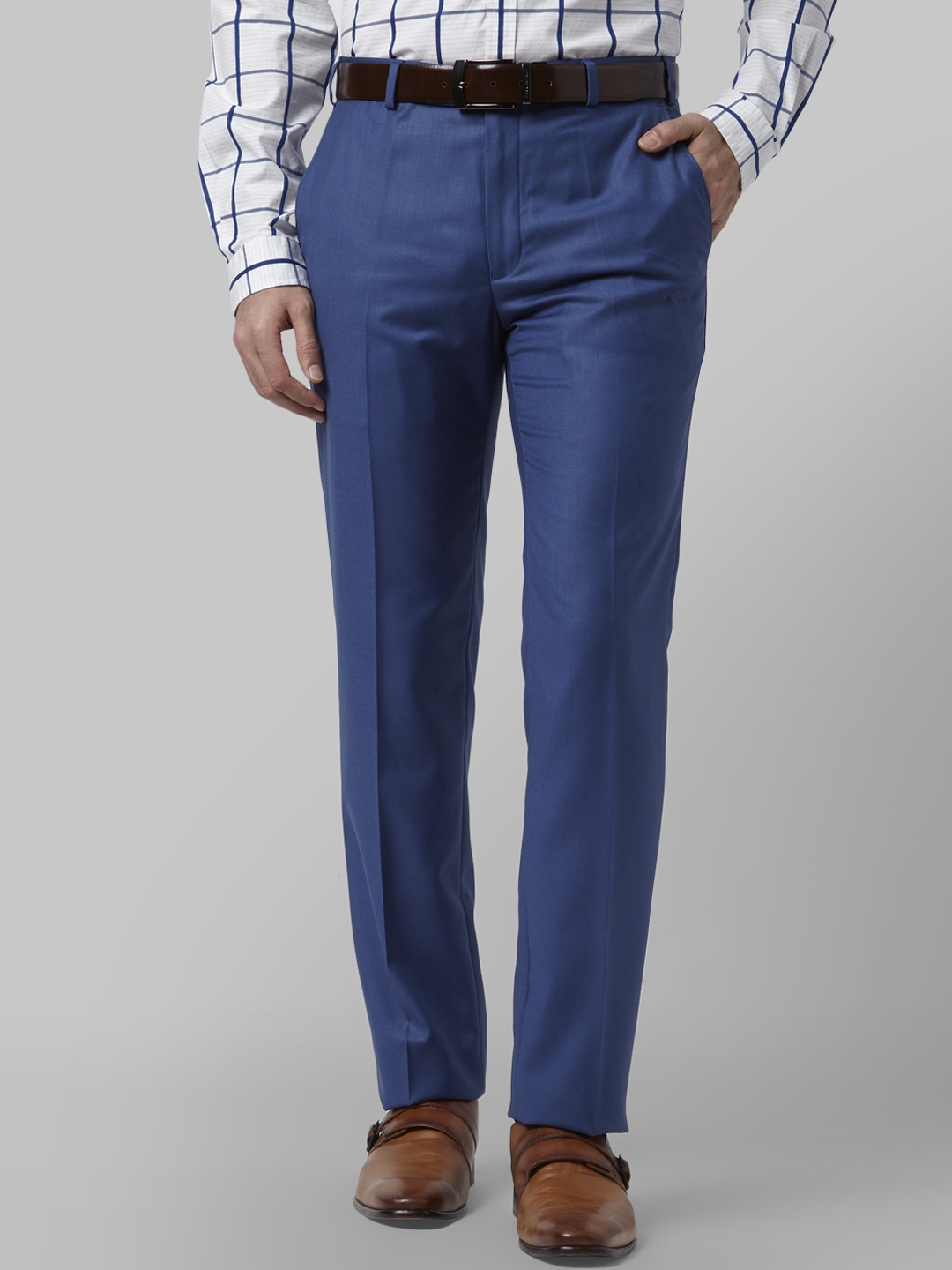 Buy Park Avenue Men Blue Slim Fit Self Design Formal Trousers ...