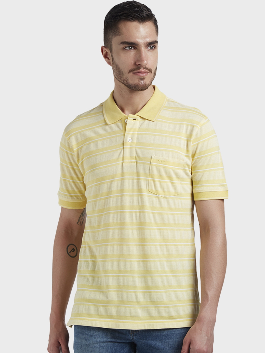 Buy ColorPlus Men Yellow Striped Polo Collar T Shirt - Tshirts for Men ...