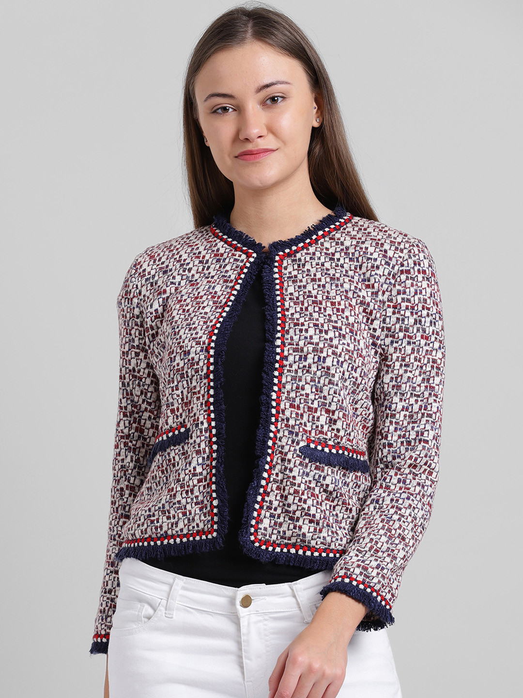 Buy Zink London Women Cream & Red Coloured Printed Tailored Woolen Jacket - Jackets for Women 