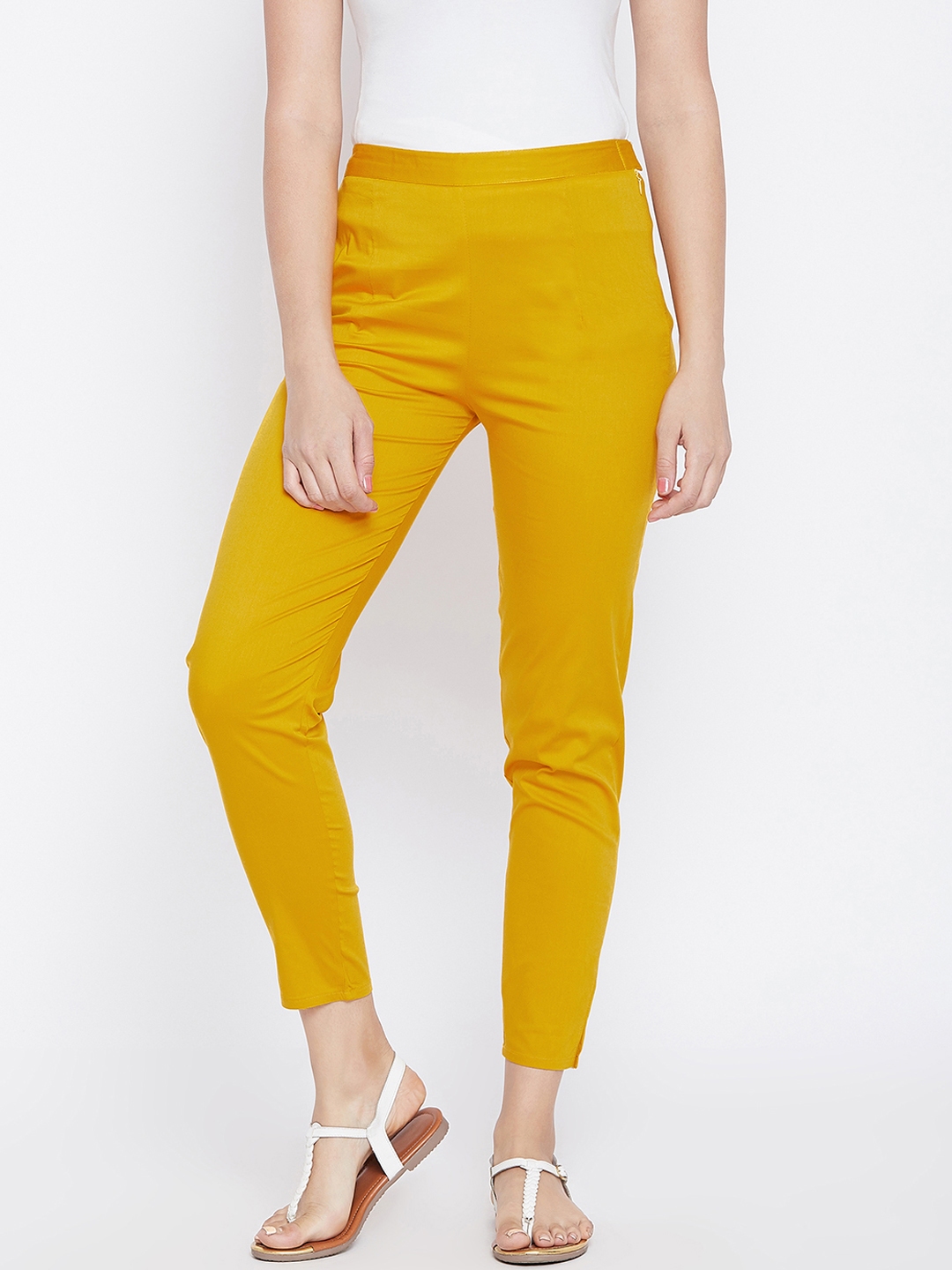 Buy PANIT Women Mustard Smart Slim Fit Solid Cigarette Trousers ...