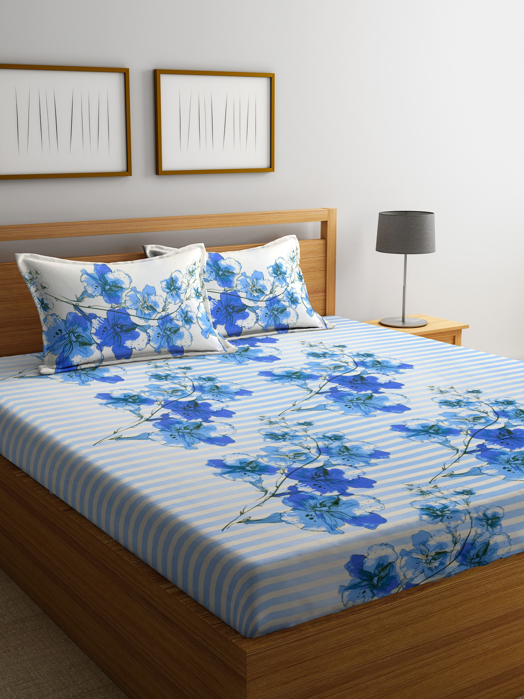 Buy BOMBAY DYEING Blue Printed 130 TC Polycotton 1 King Bedsheet With 2
