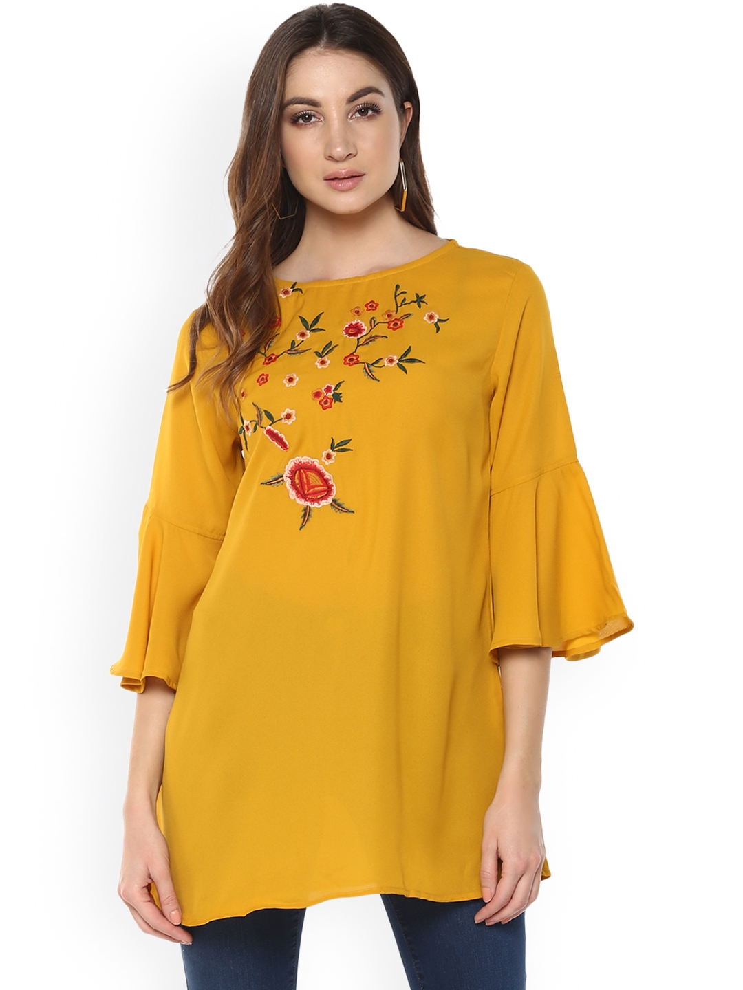 Buy Mayra Yellow Embroidered Tunic Tunics For Women 8439197 Myntra 7299