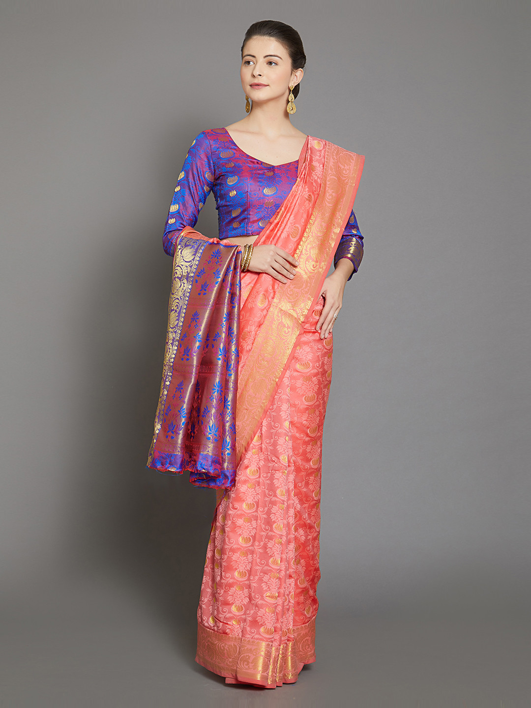 Buy Mitera Peach Coloured Silk Blend Woven Design Kanjeevaram Saree