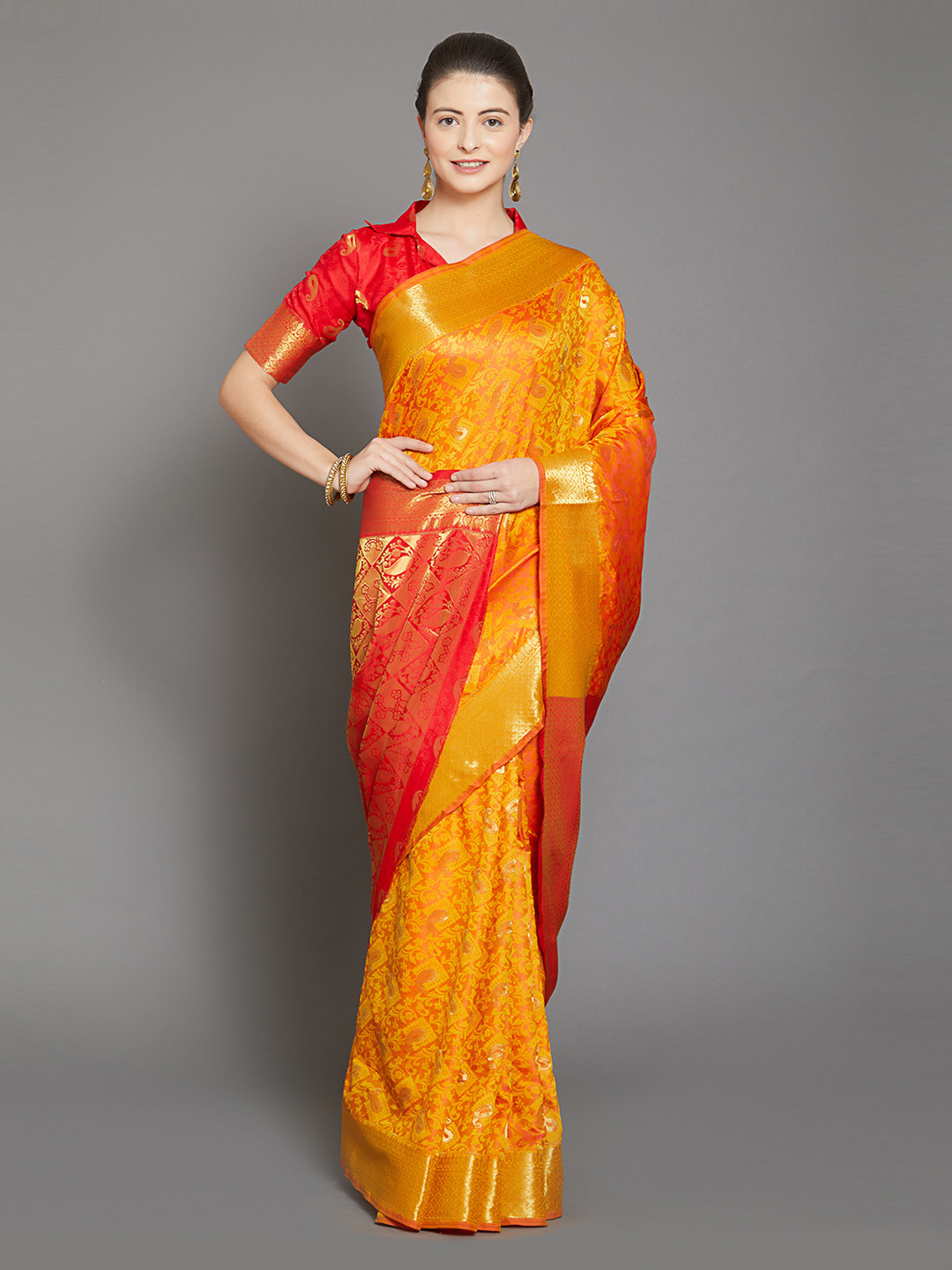 Buy Mitera Yellow Silk Blend Woven Design Kanjeevaram Saree  - Sarees for Women 8442969 | Myntra