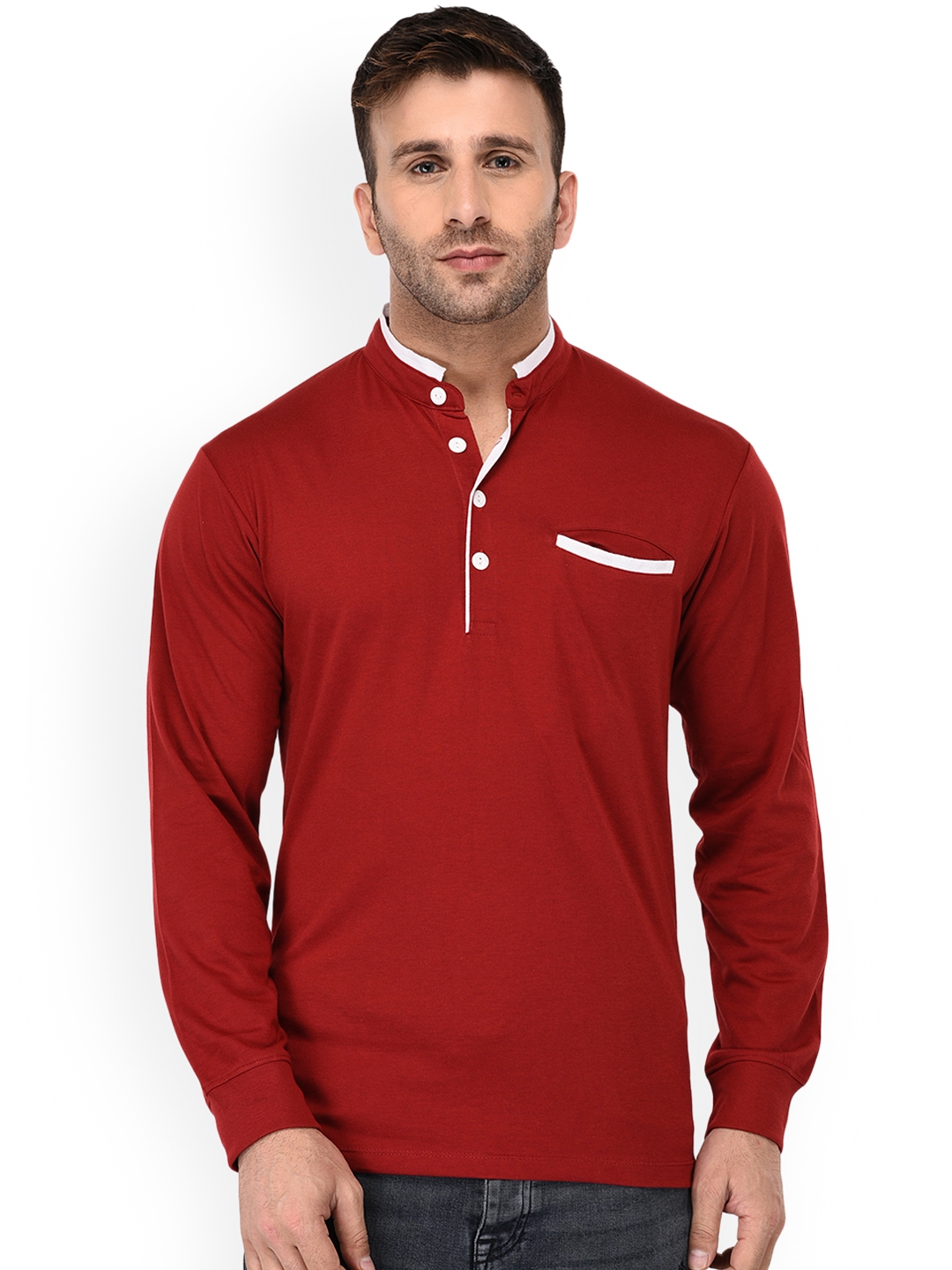 Buy WILD WEST Men Red Solid Mandarin Collar T Shirt - Tshirts for Men ...
