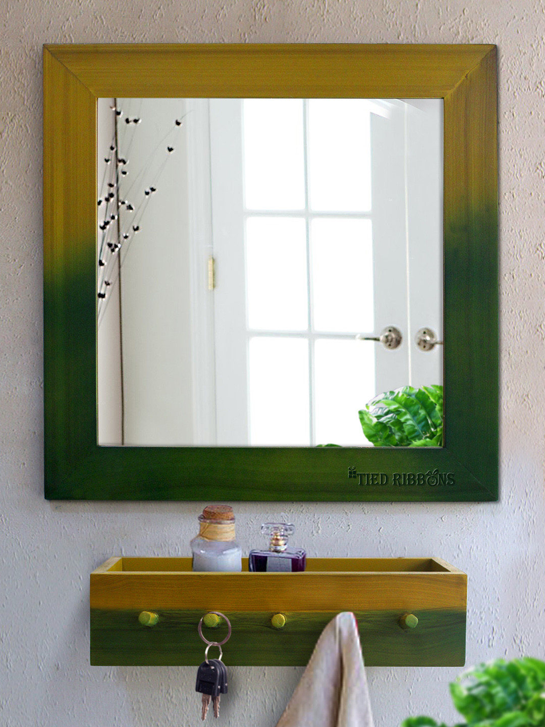 Buy TIED RIBBONS Mustard Yellow & Green Square Decorative Wall Mirror