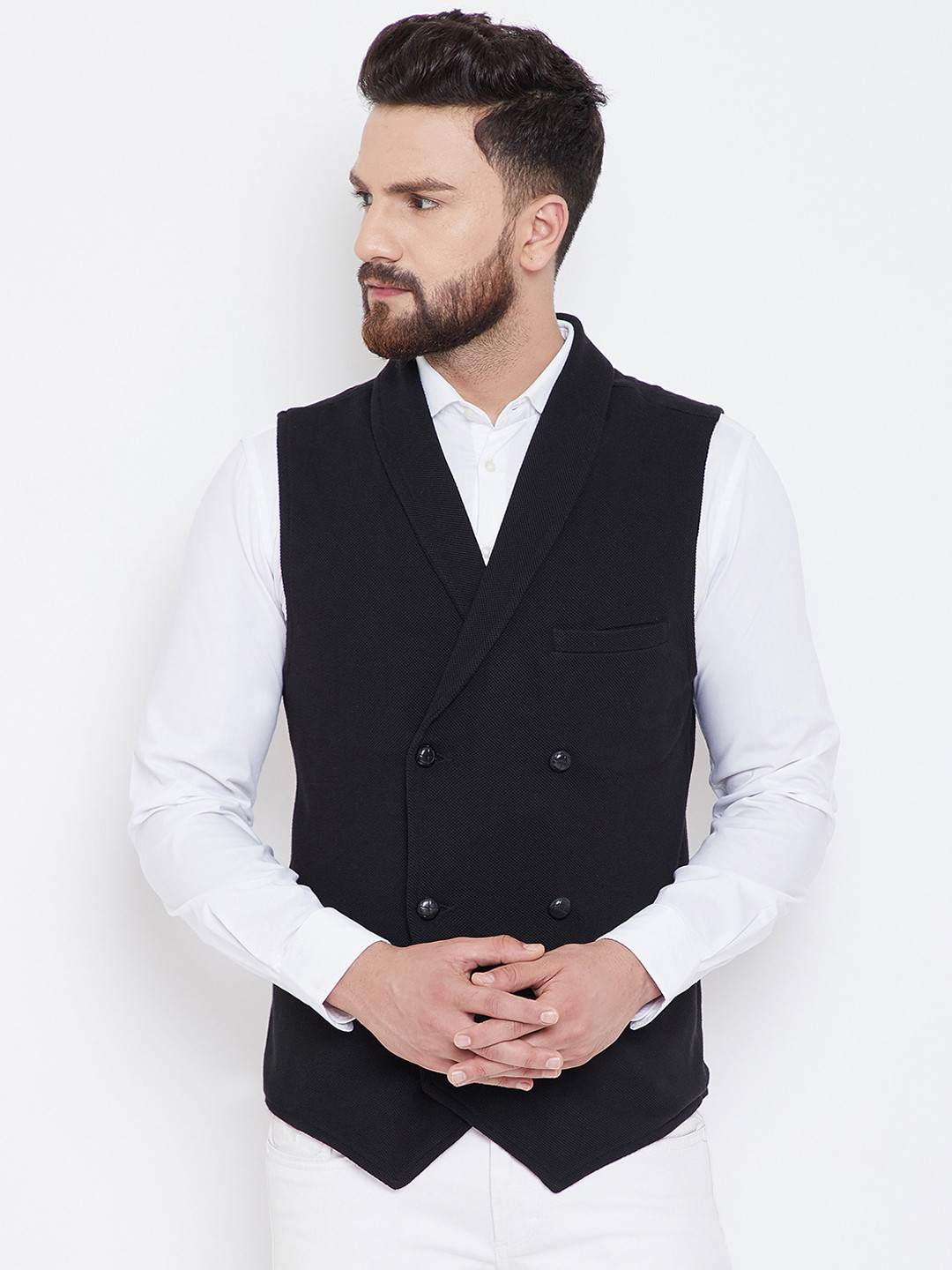Buy Hypernation Men Black Solid Double Breasted Pure Cotton Waistcoat