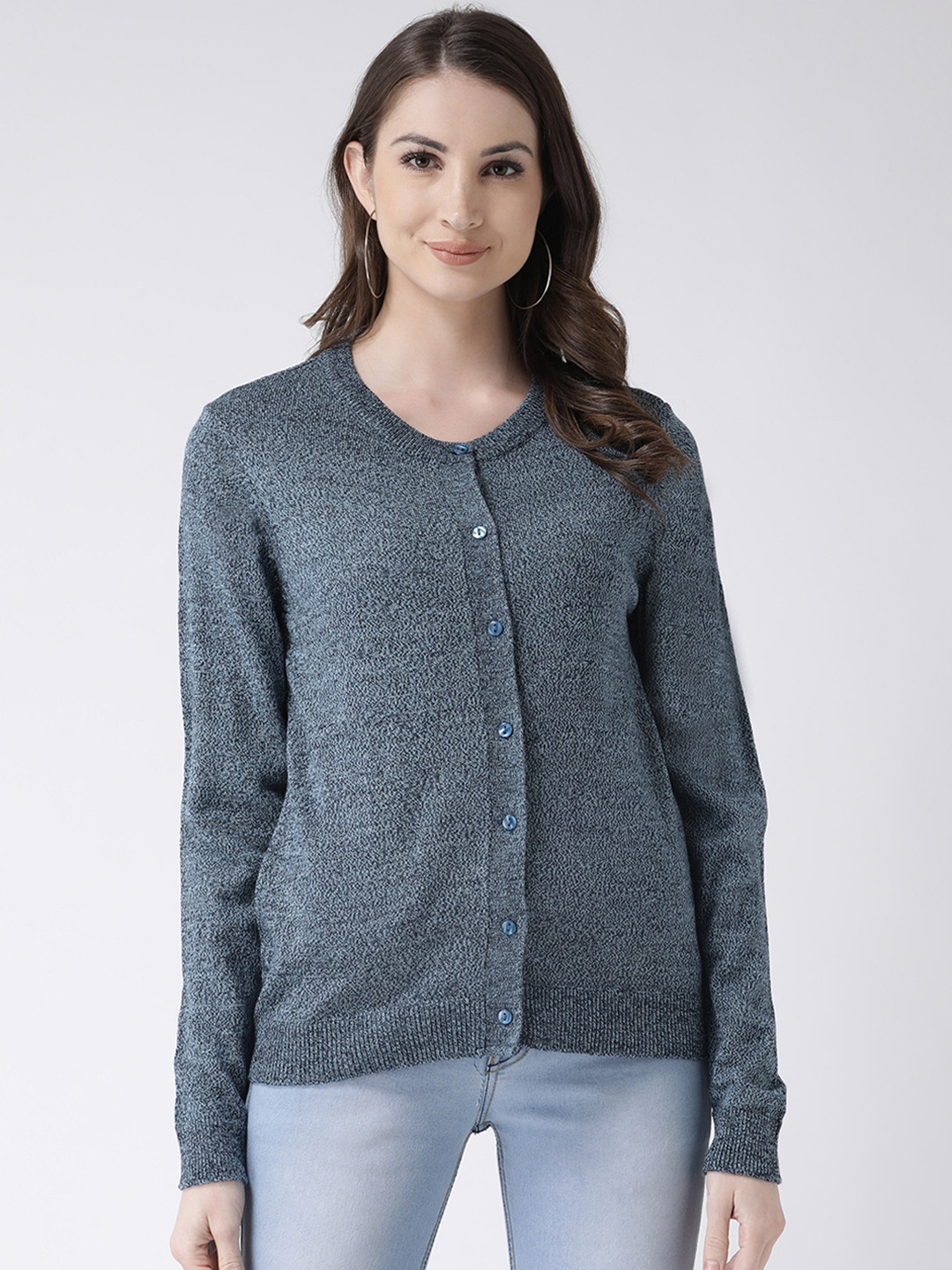 Blue Self Design Straight Winter Long Sweater