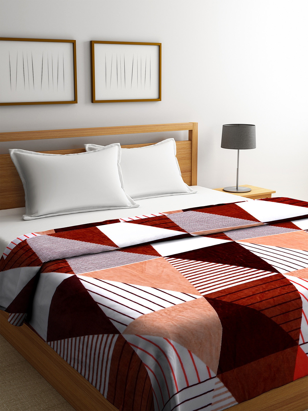Buy Portico New York White & Red Geometric AC Room 210 GSM Double Bed