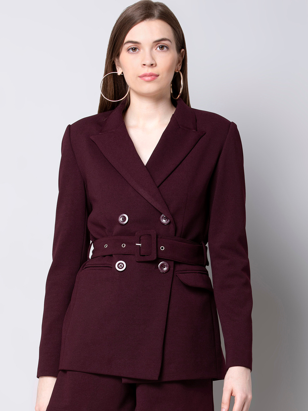 Buy FabAlley Women Burgundy Solid Tailored Fit Double Breasted Blazer Blazers for Women