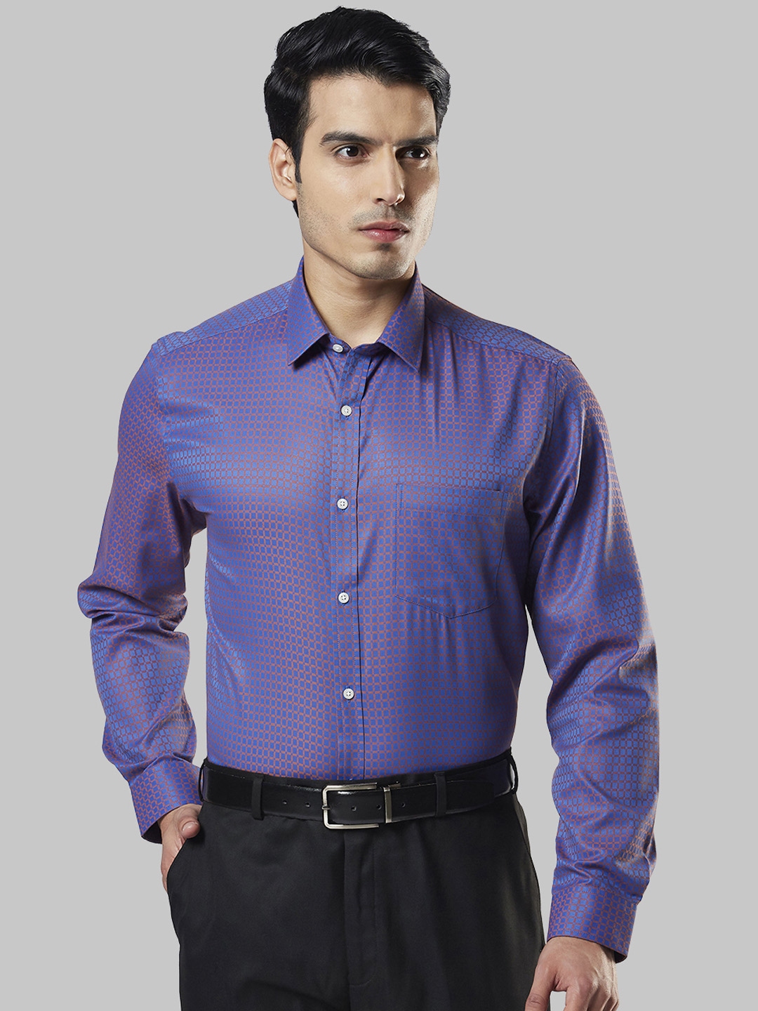 violet shirt with black pants