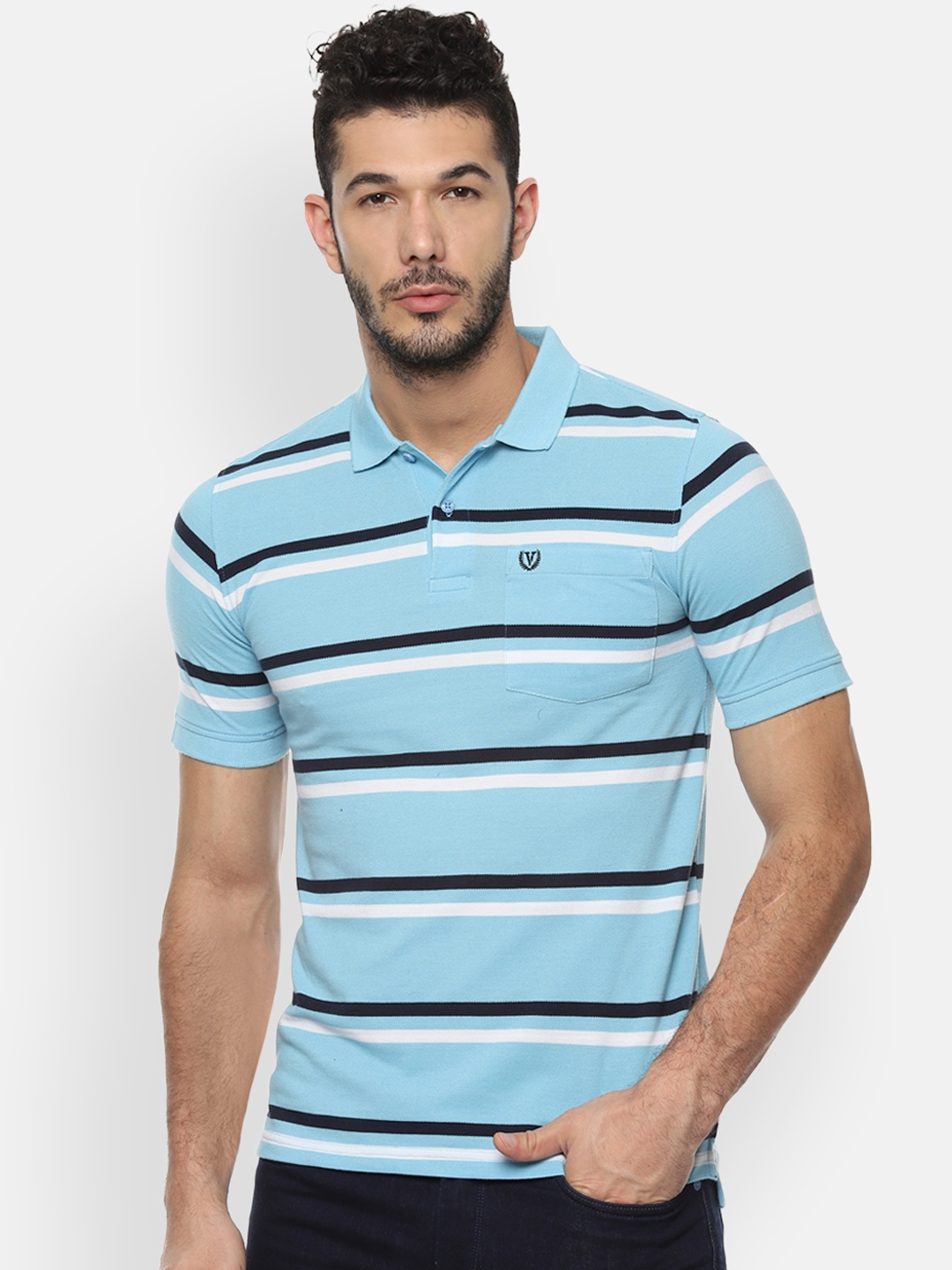 Buy Van Heusen Sport Men Blue Striped Polo Collar T Shirt - Tshirts for ...